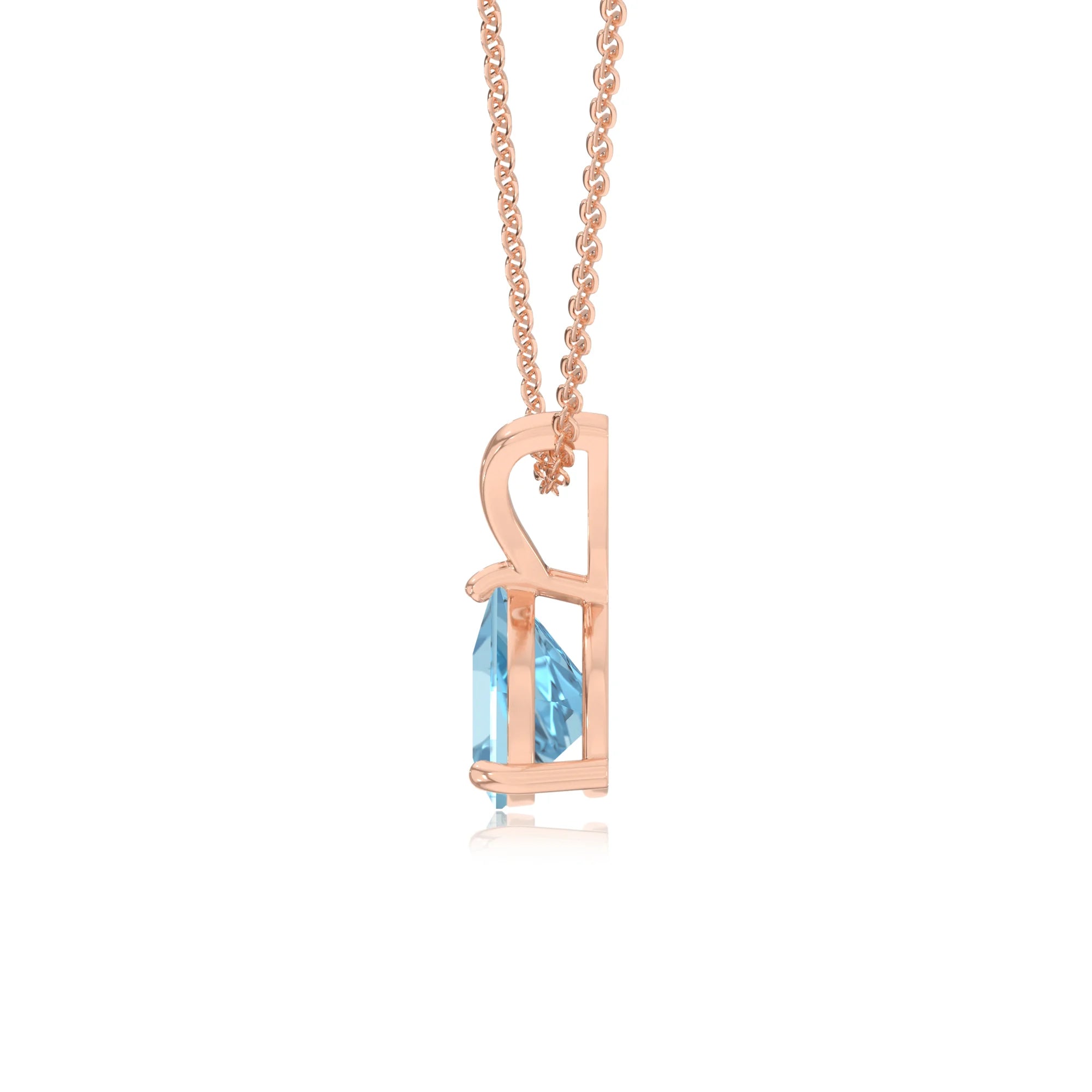 lab grown aquamarine trillion solitaire v-bale necklaces in rose gold 