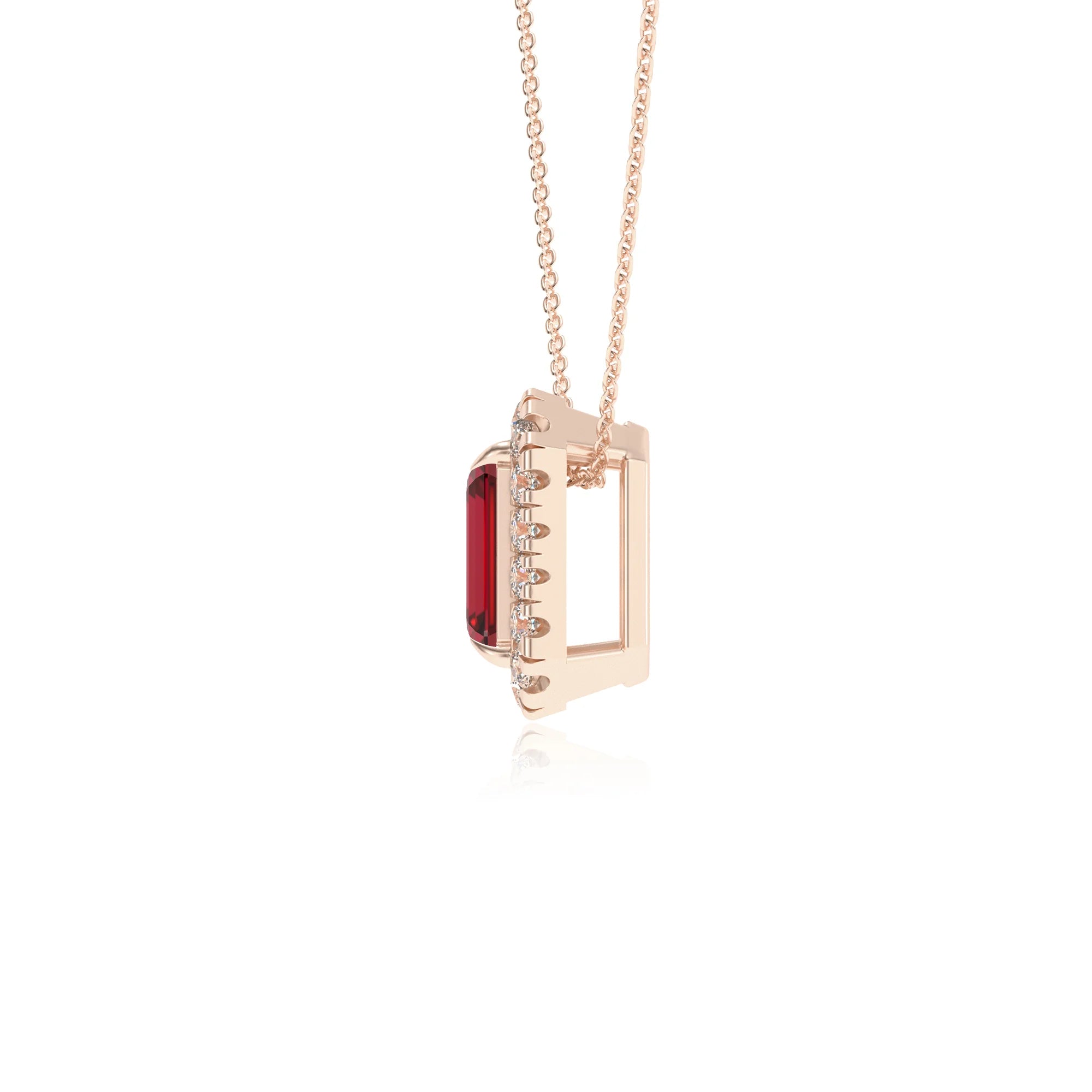 lab grown ruby emerald cut solitaire necklaces in rose gold 