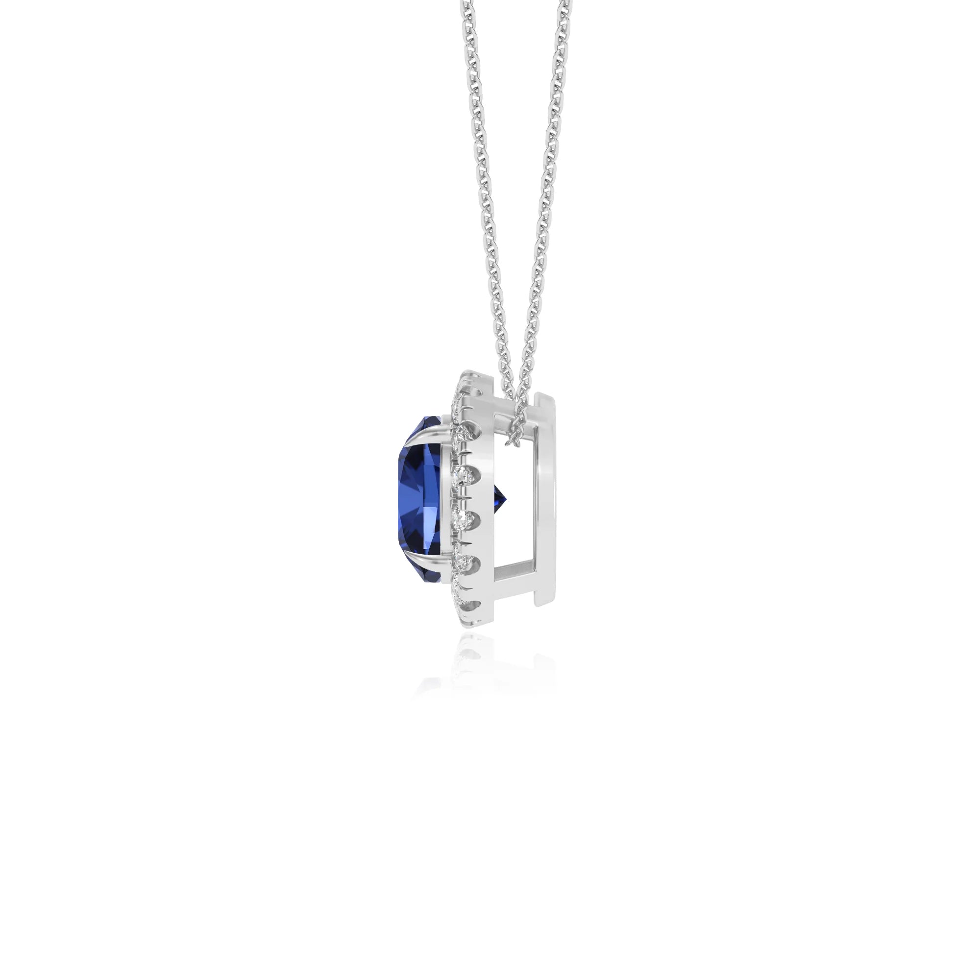 lab grown blue sapphire cushion solitaire necklaces in white gold 
