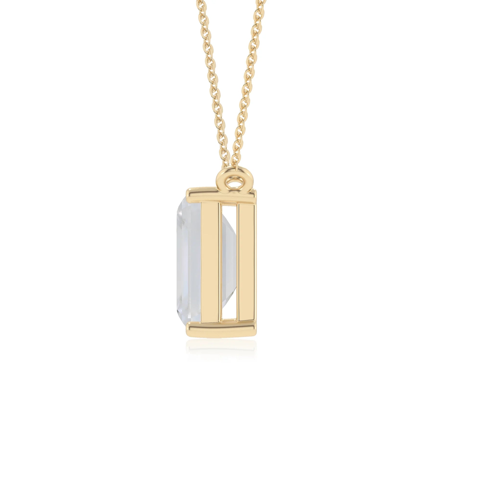 natural rainbow-moonstone emerald cut solitaire necklaces in yellow gold 