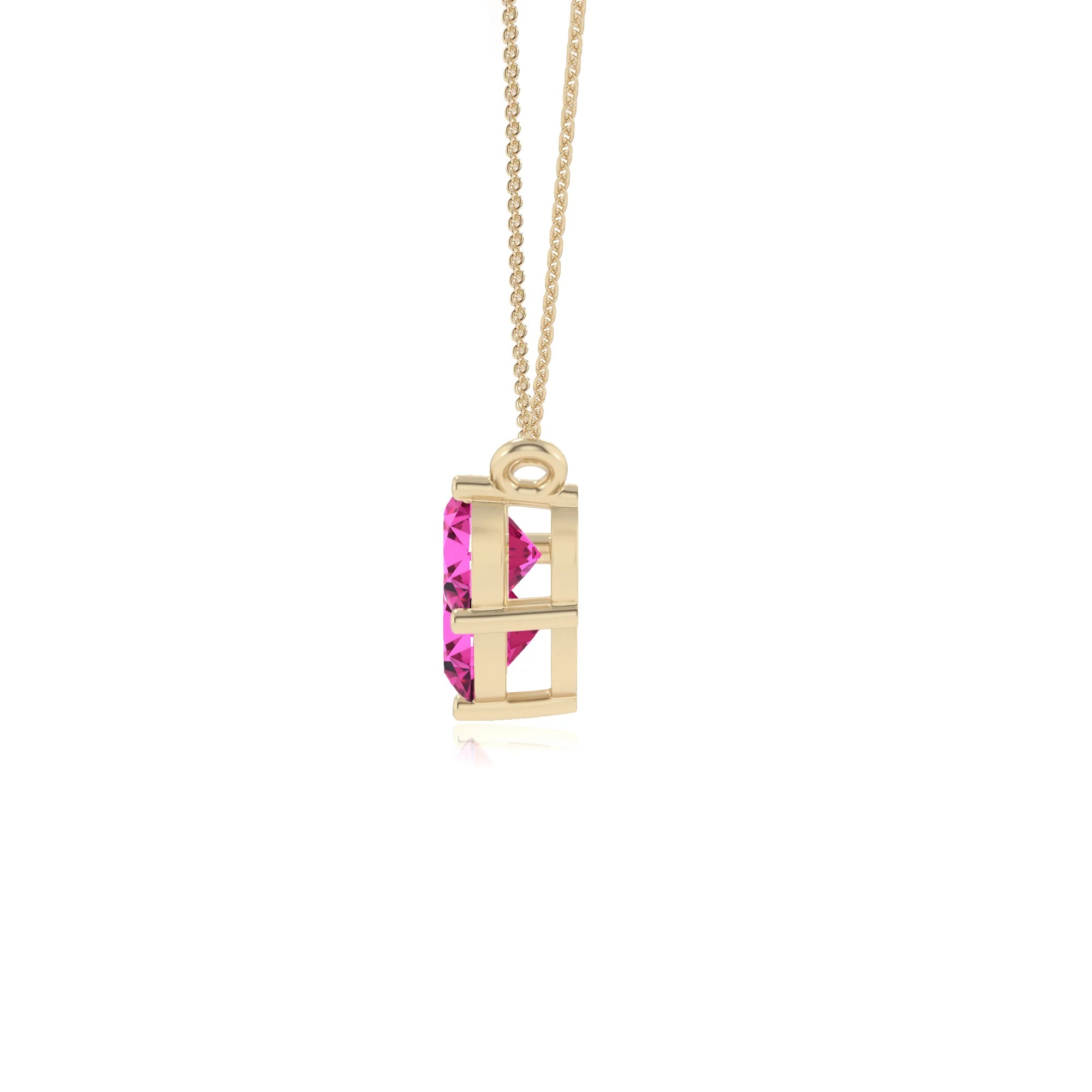 lab grown pink-sapphire round solitaire v-bale necklaces in yellow gold 