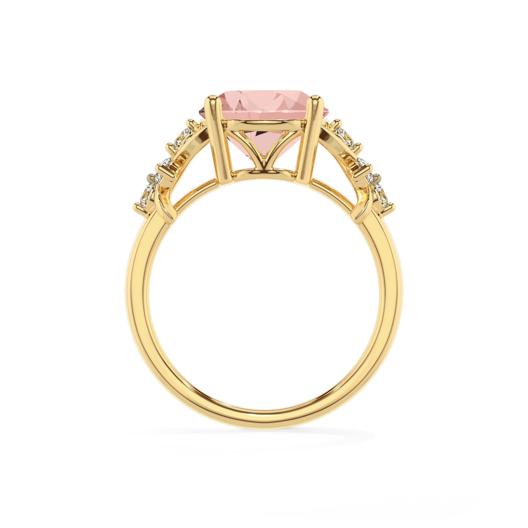 lab grown morganite round solitaire rings in yellow gold 