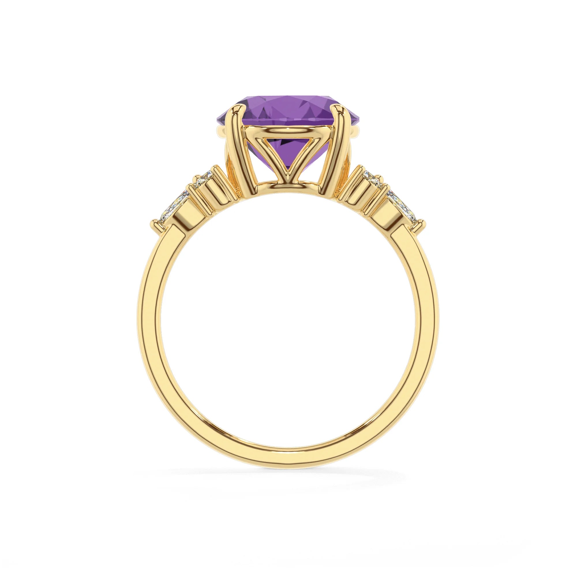 lab grown amethyst round solitaire rings in yellow gold 