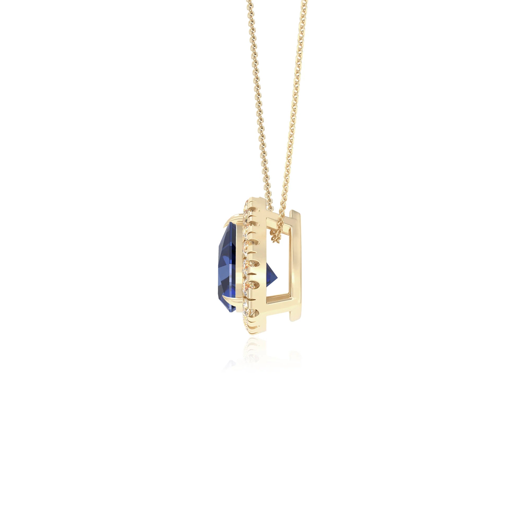 lab grown blue sapphire trillion solitaire necklaces in yellow gold 
