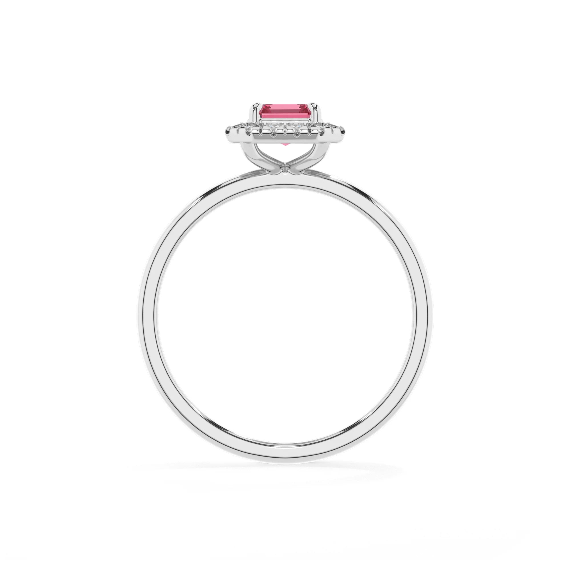 lab grown pink-tourmaline emerald cut solitaire rings in white gold 