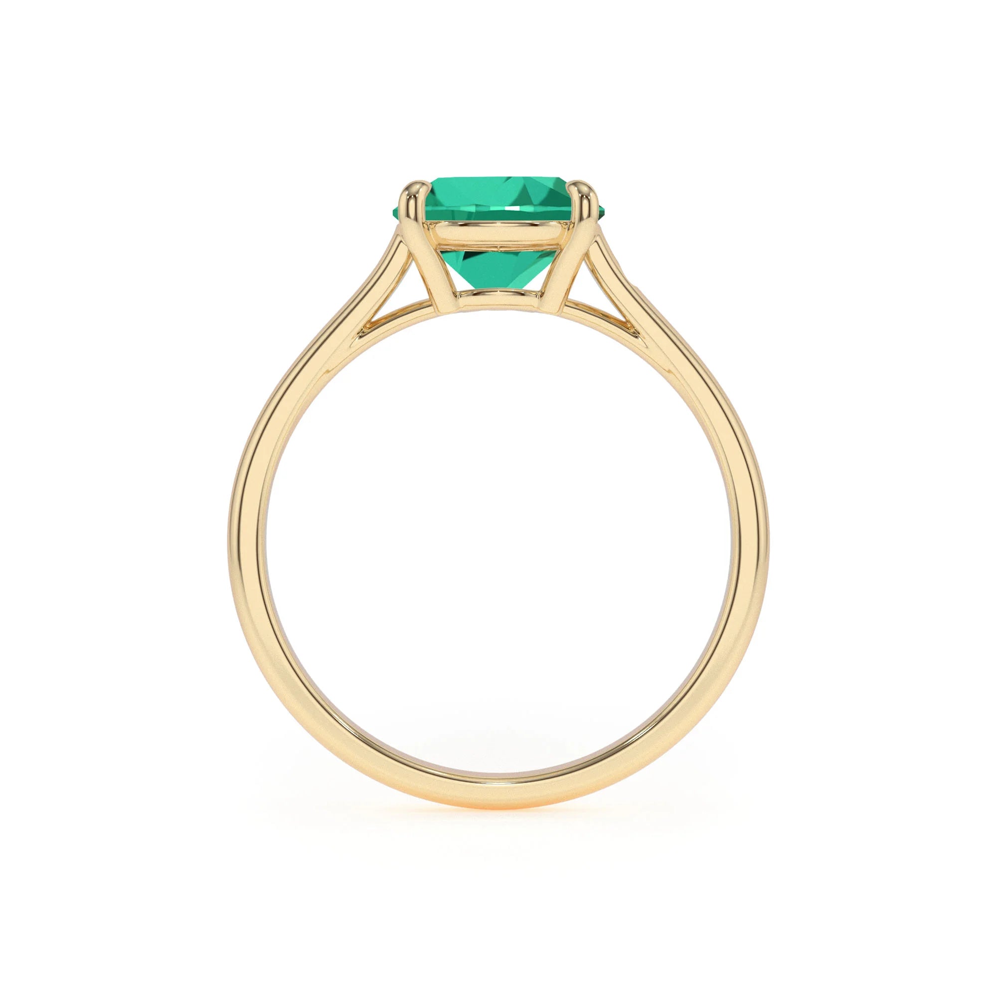 lab grown emerald cushion solitaire rings in yellow gold 