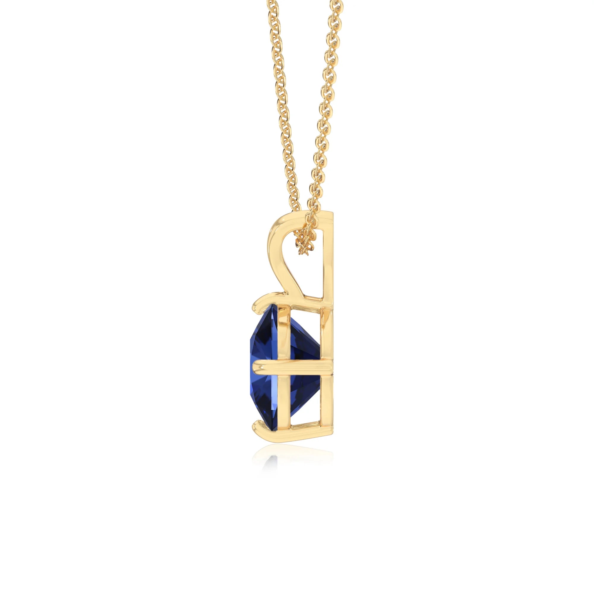 lab grown blue-sapphire cushion solitaire v-bale necklaces in yellow gold 