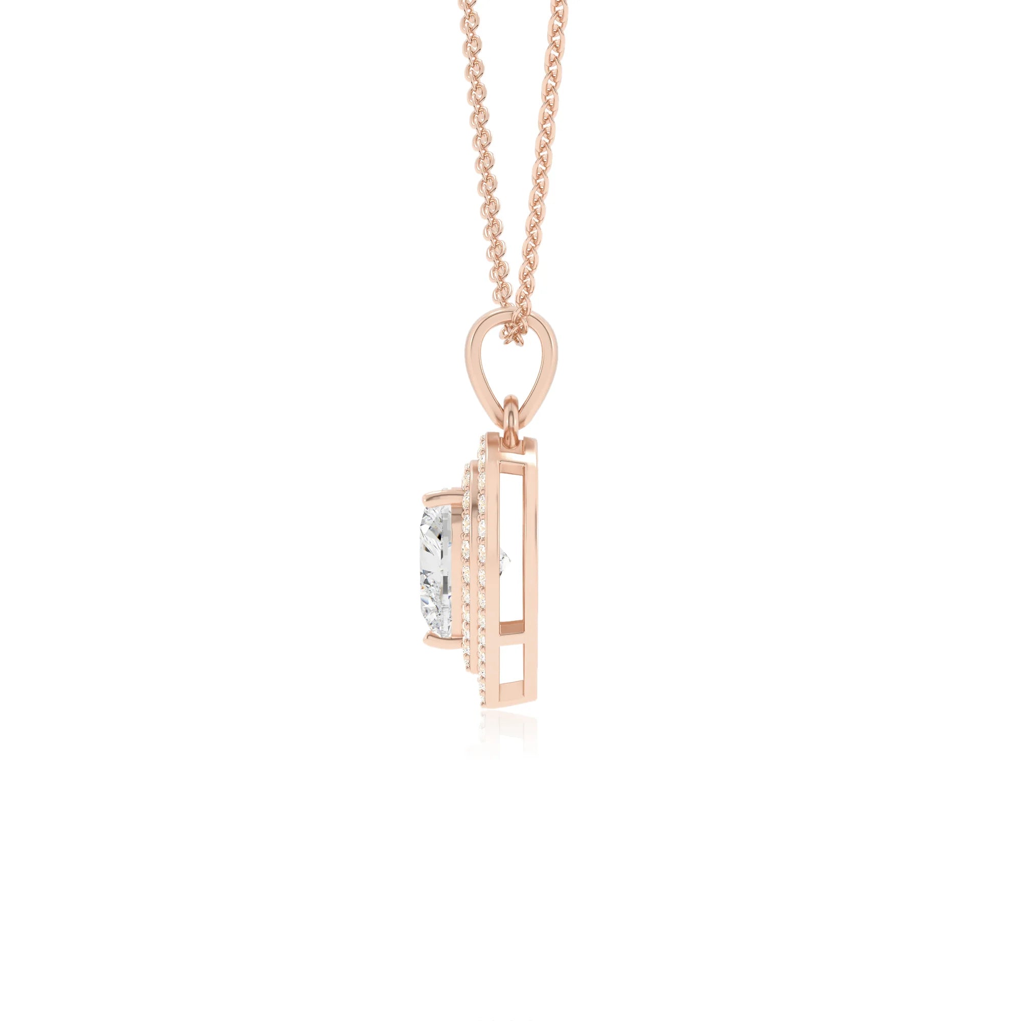 lab grown moissanite heart halo necklaces in rose gold 
