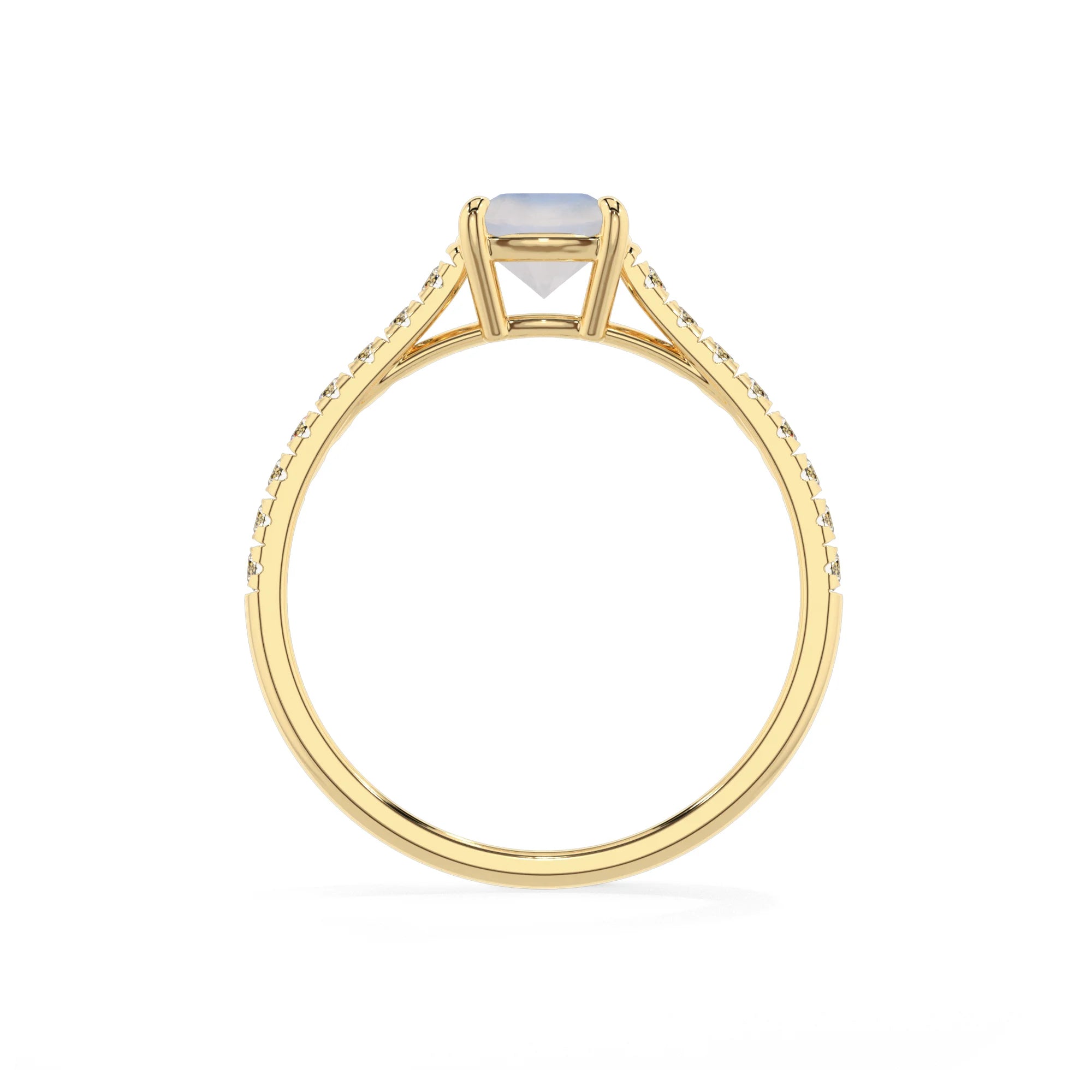 natural rainbow-moonstone cushion half eternity solitaire engagement rings in yellow gold 