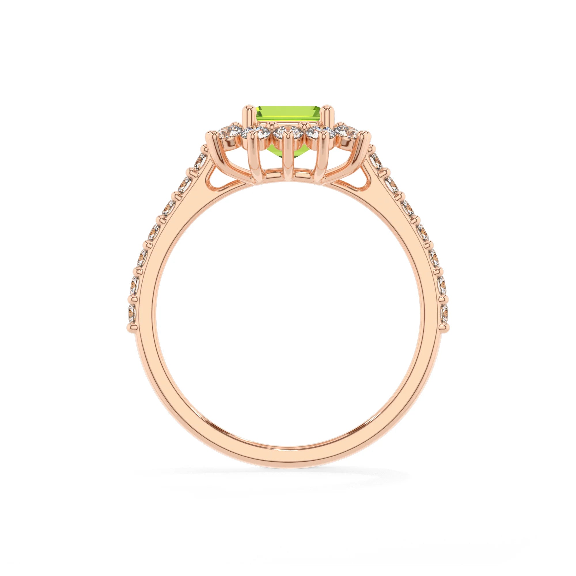 natural peridot emerald cut solitaire rings in rose gold 