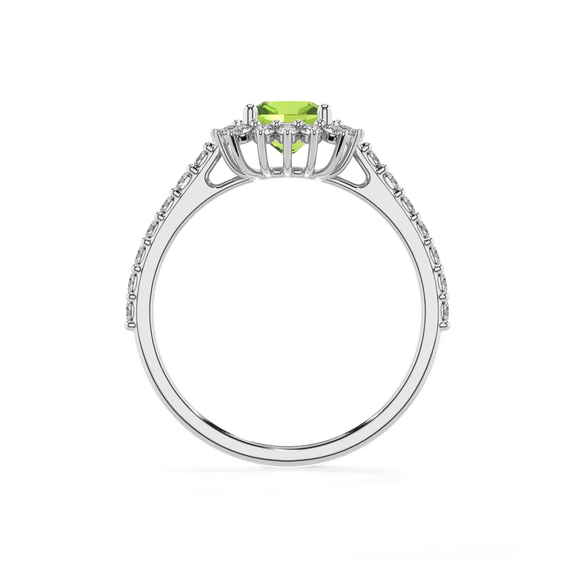 natural peridot cushion solitaire rings in white gold 