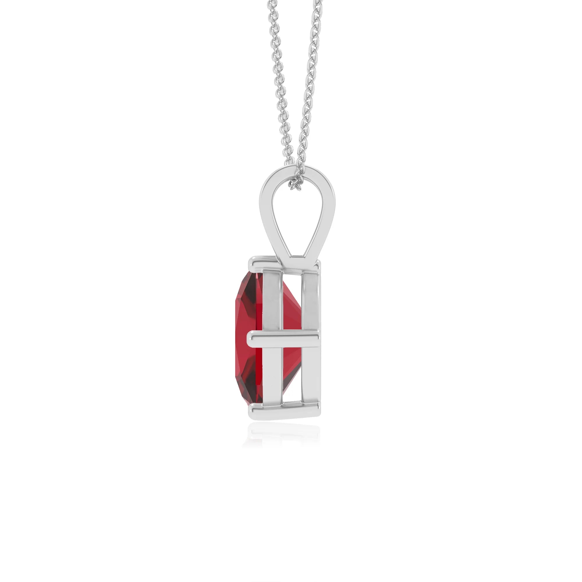 lab grown ruby cushion solitaire v-bale necklaces in sterling silver 