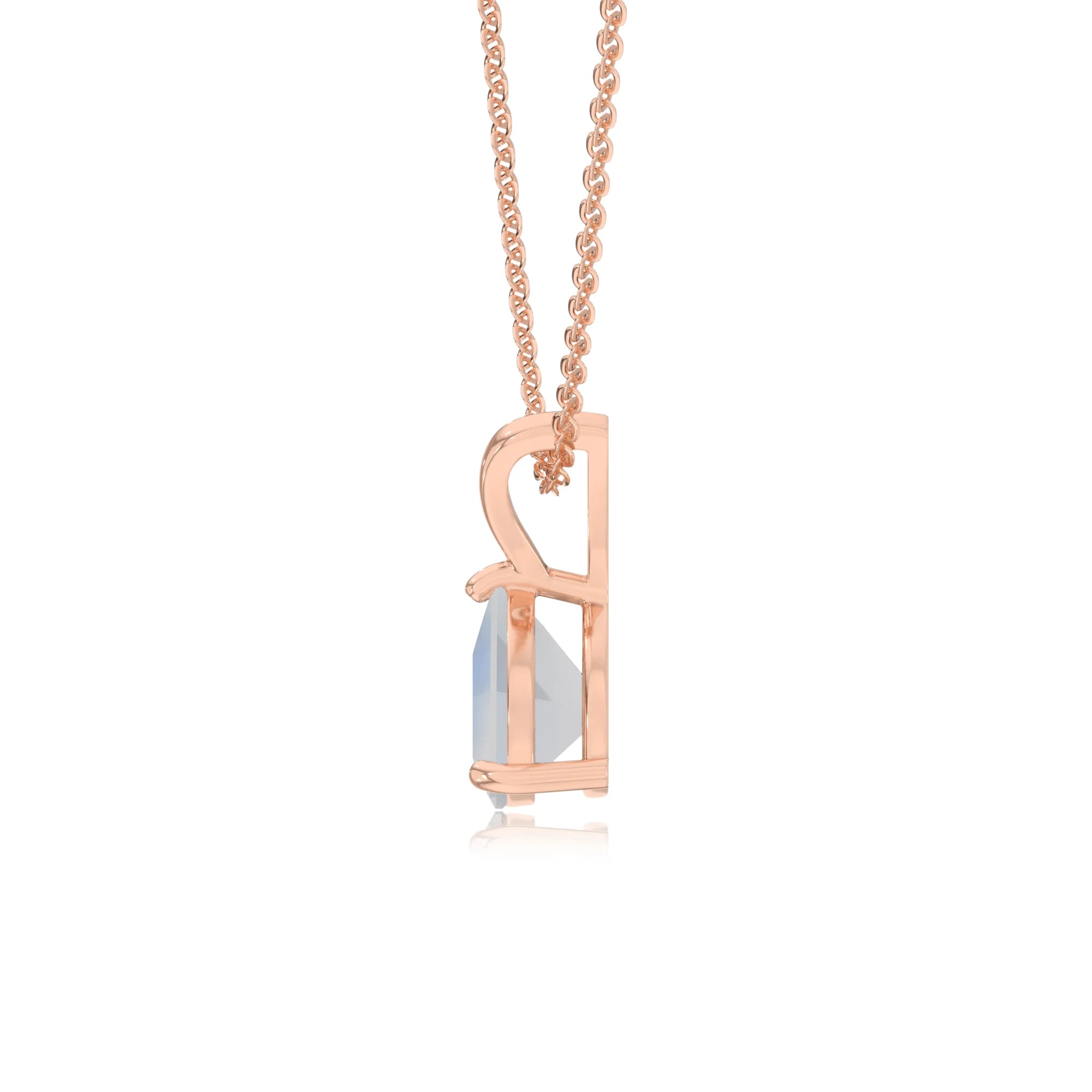 natural rainbow-moonstone trillion solitaire v-bale necklaces in rose gold 