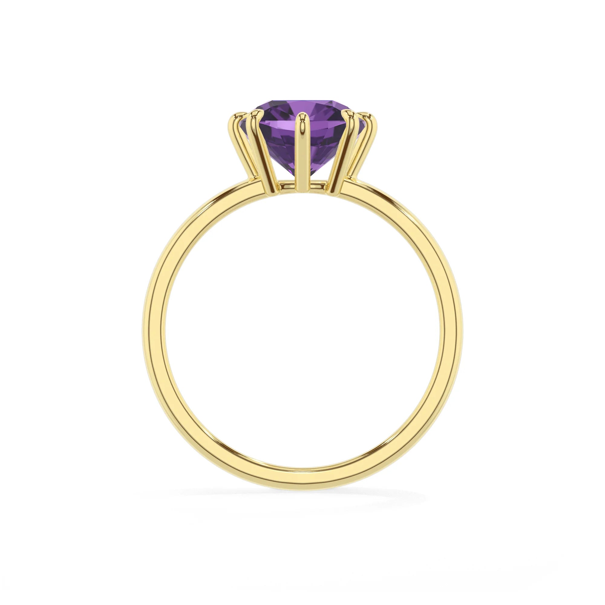 lab grown amethyst cushion solitaire rings in yellow gold 