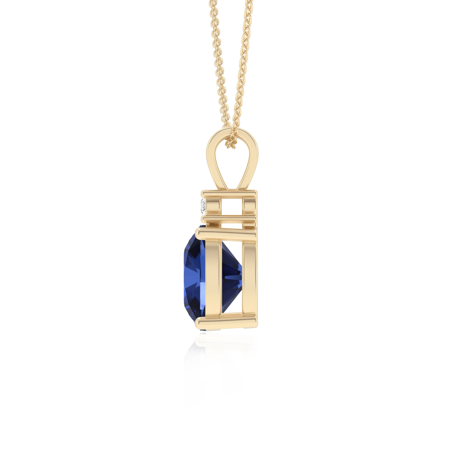 lab grown blue-sapphire cushion solitaire v-bale necklaces in yellow gold 