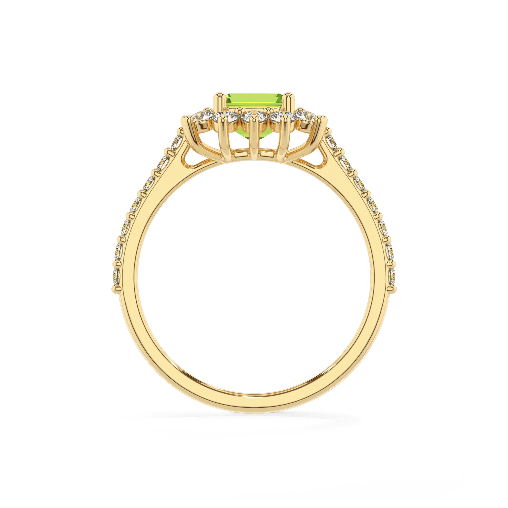 natural peridot emerald cut solitaire rings in yellow gold 