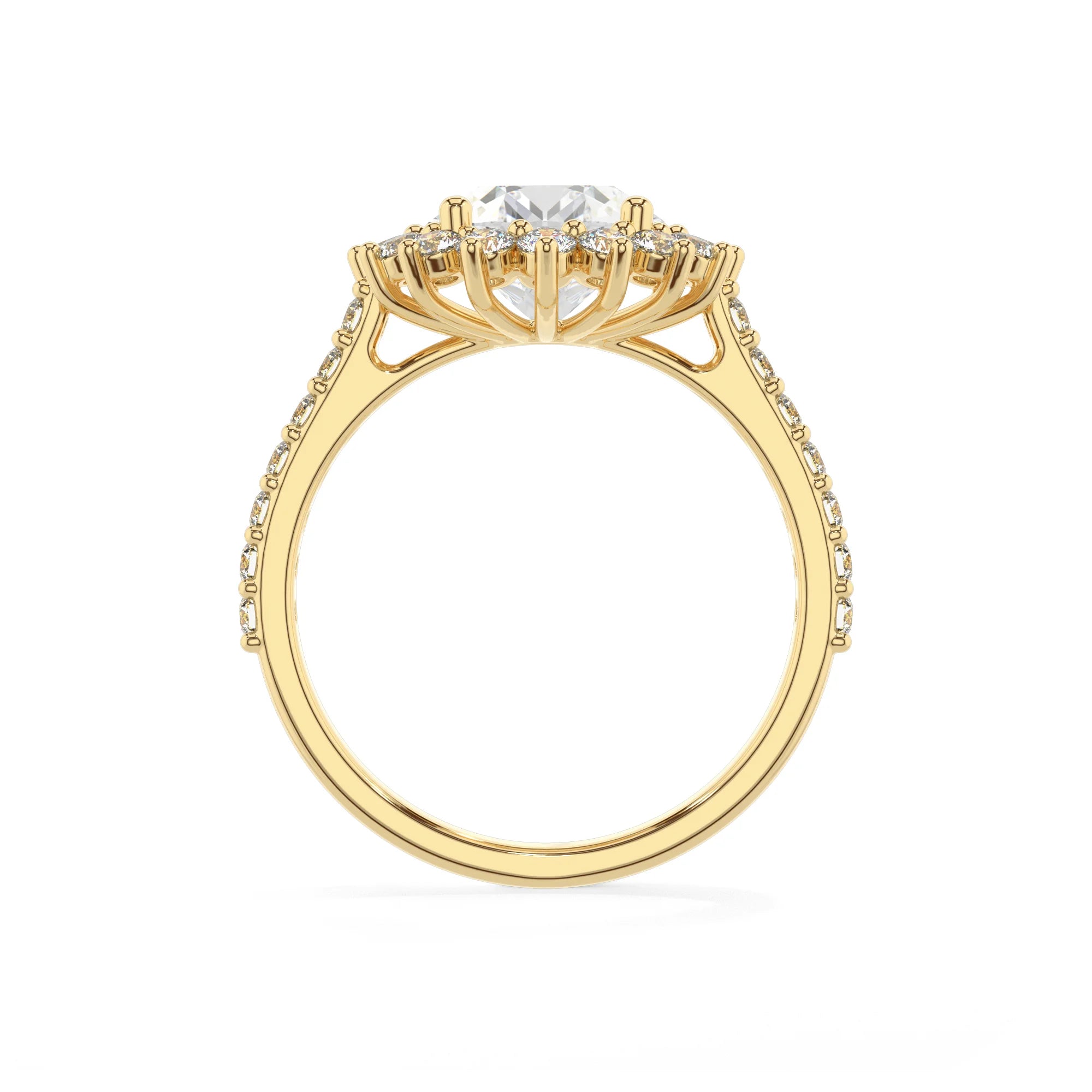lab grown moissanite round solitaire rings in yellow gold 