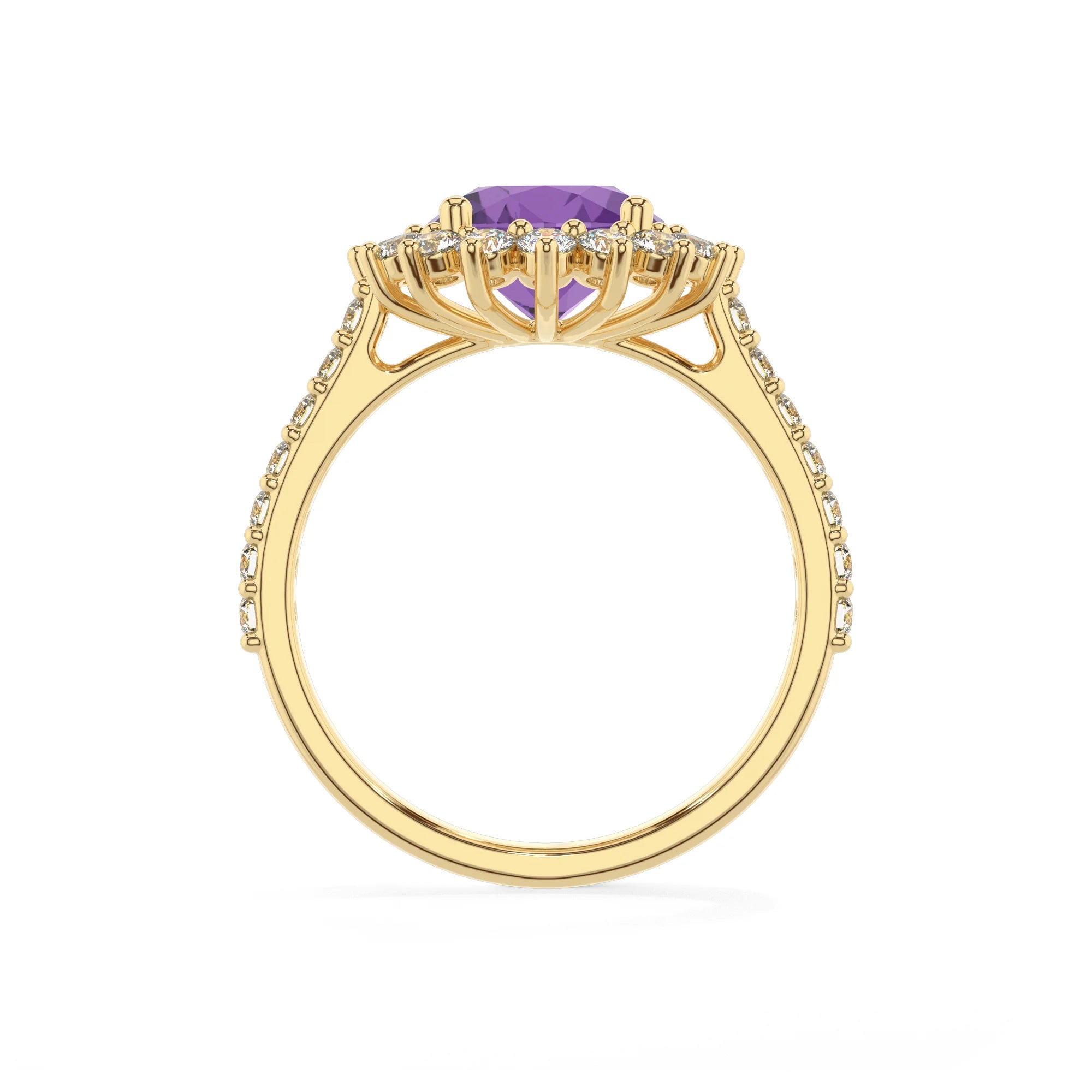 lab grown amethyst round solitaire rings in yellow gold 