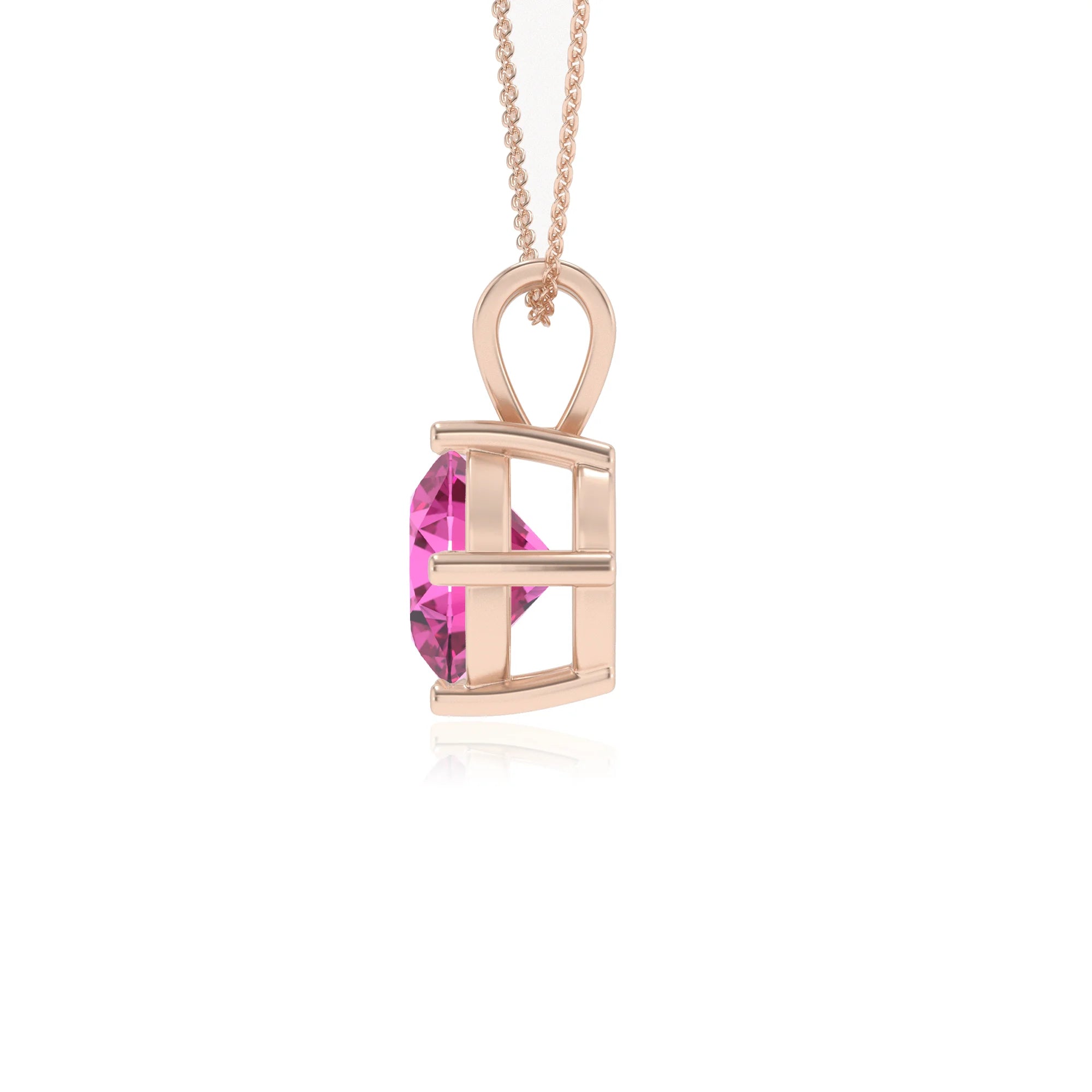 lab grown pink-sapphire round solitaire v-bale necklaces in rose gold 