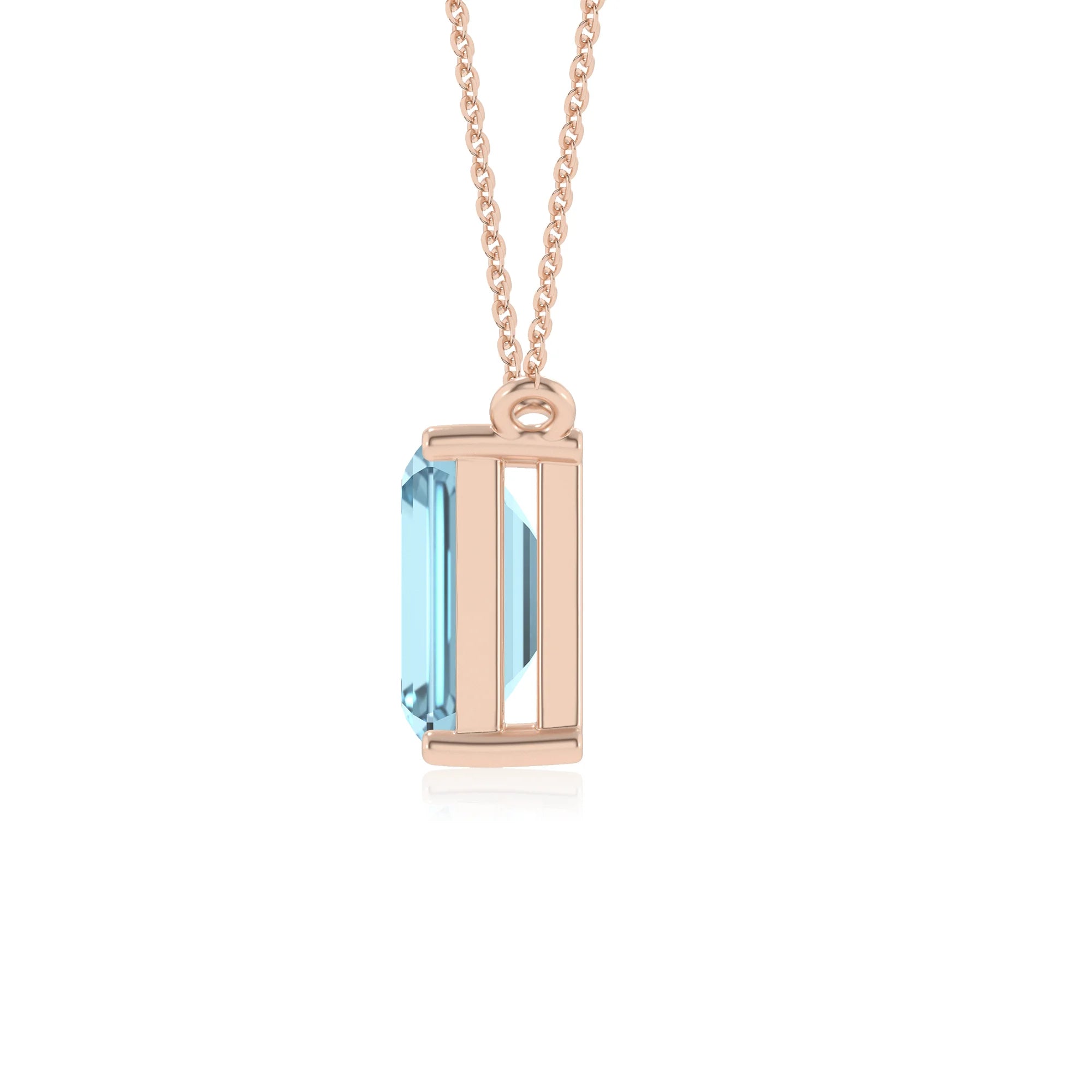 lab grown aquamarine emerald cut solitaire necklaces in rose gold 