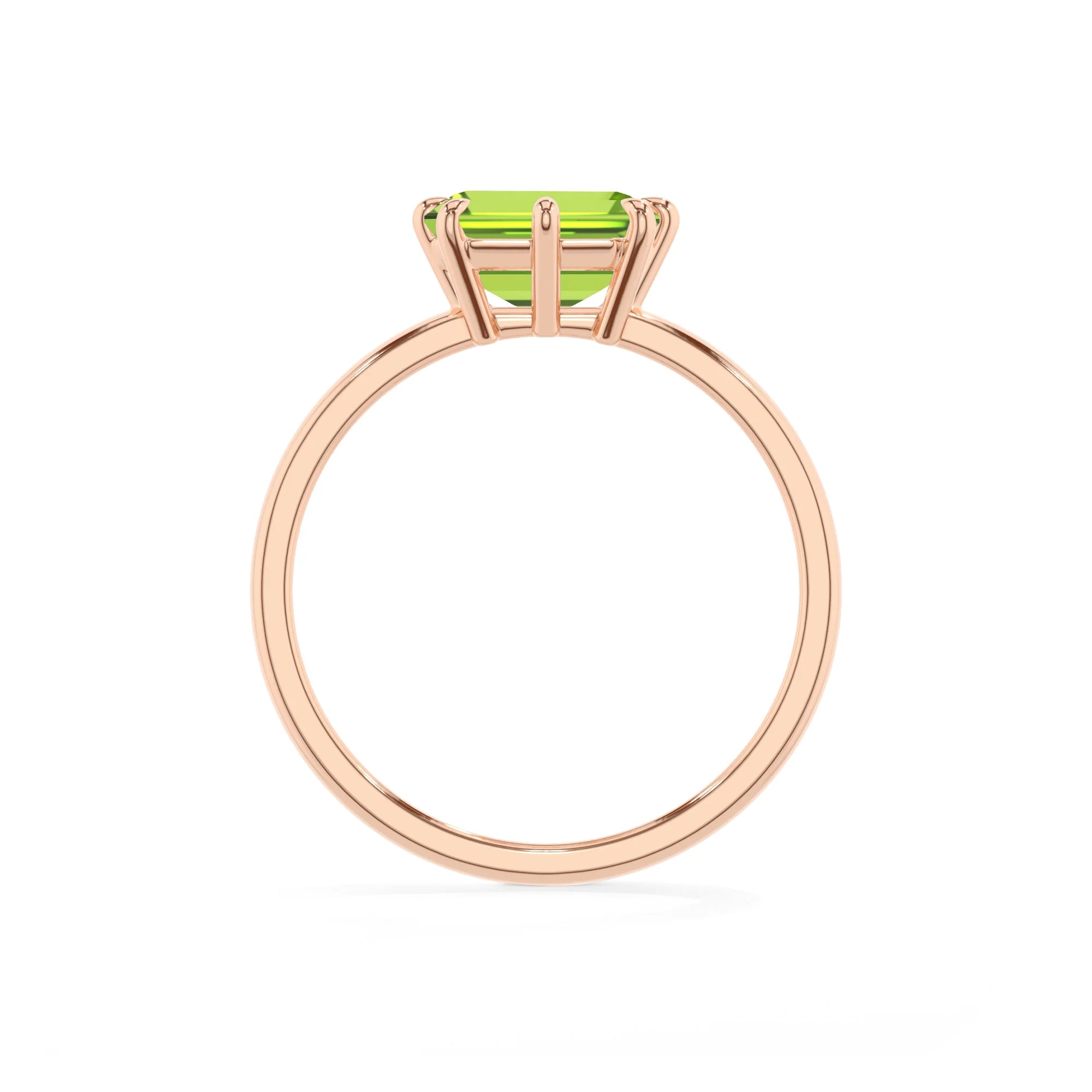 natural peridot emerald cut solitaire rings in rose gold 