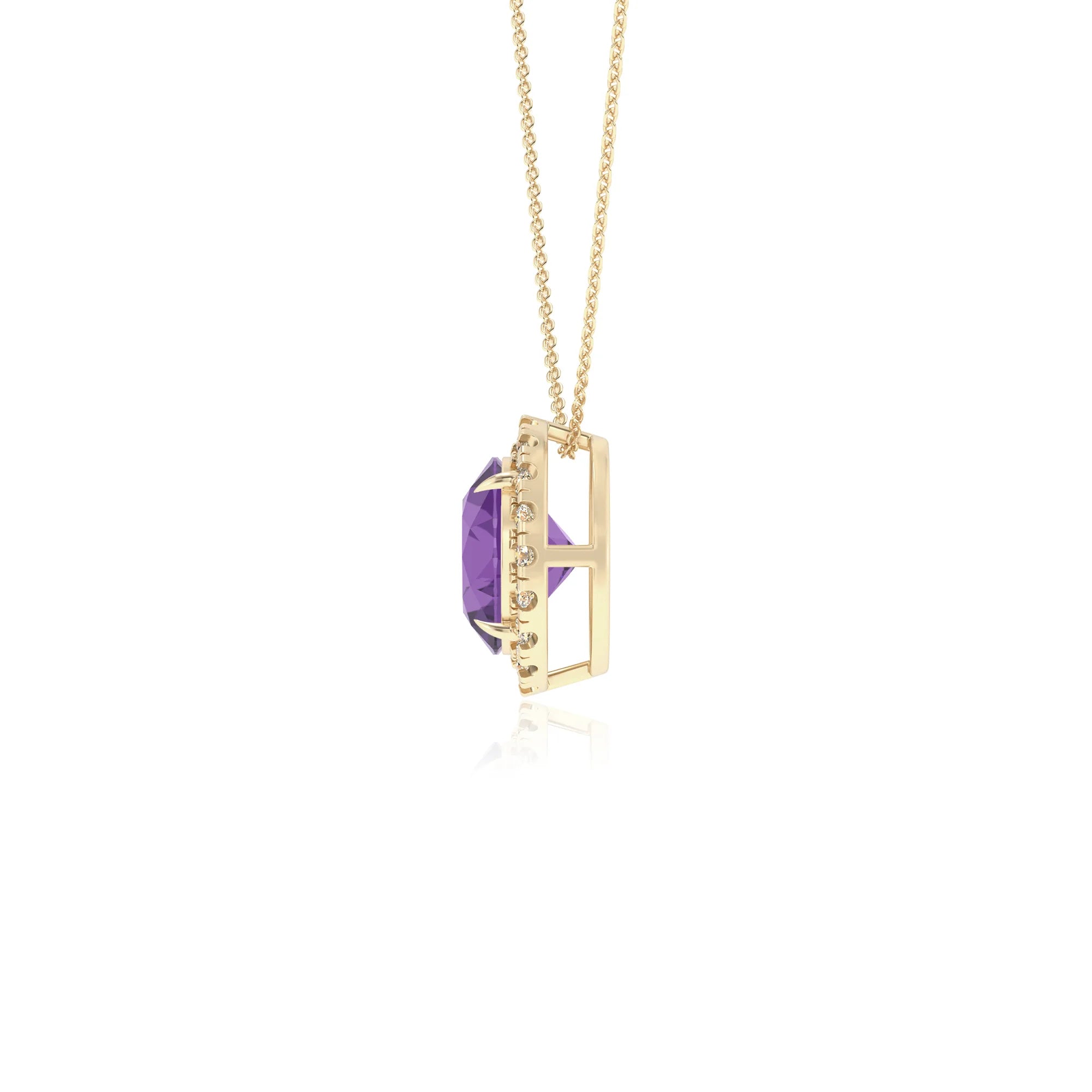 lab grown amethyst round solitaire necklaces in yellow gold 