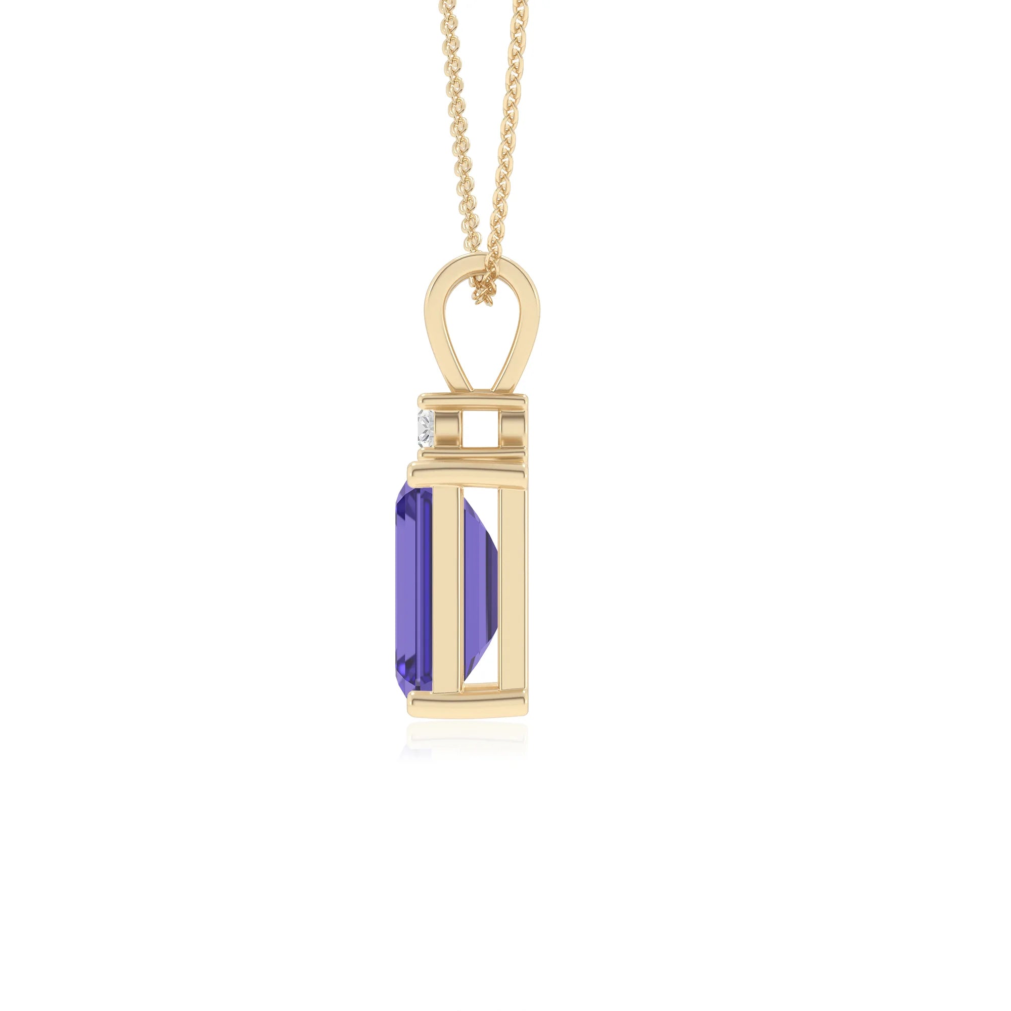 lab grown tanzanite emerald cut solitaire v-bale necklaces in yellow gold 
