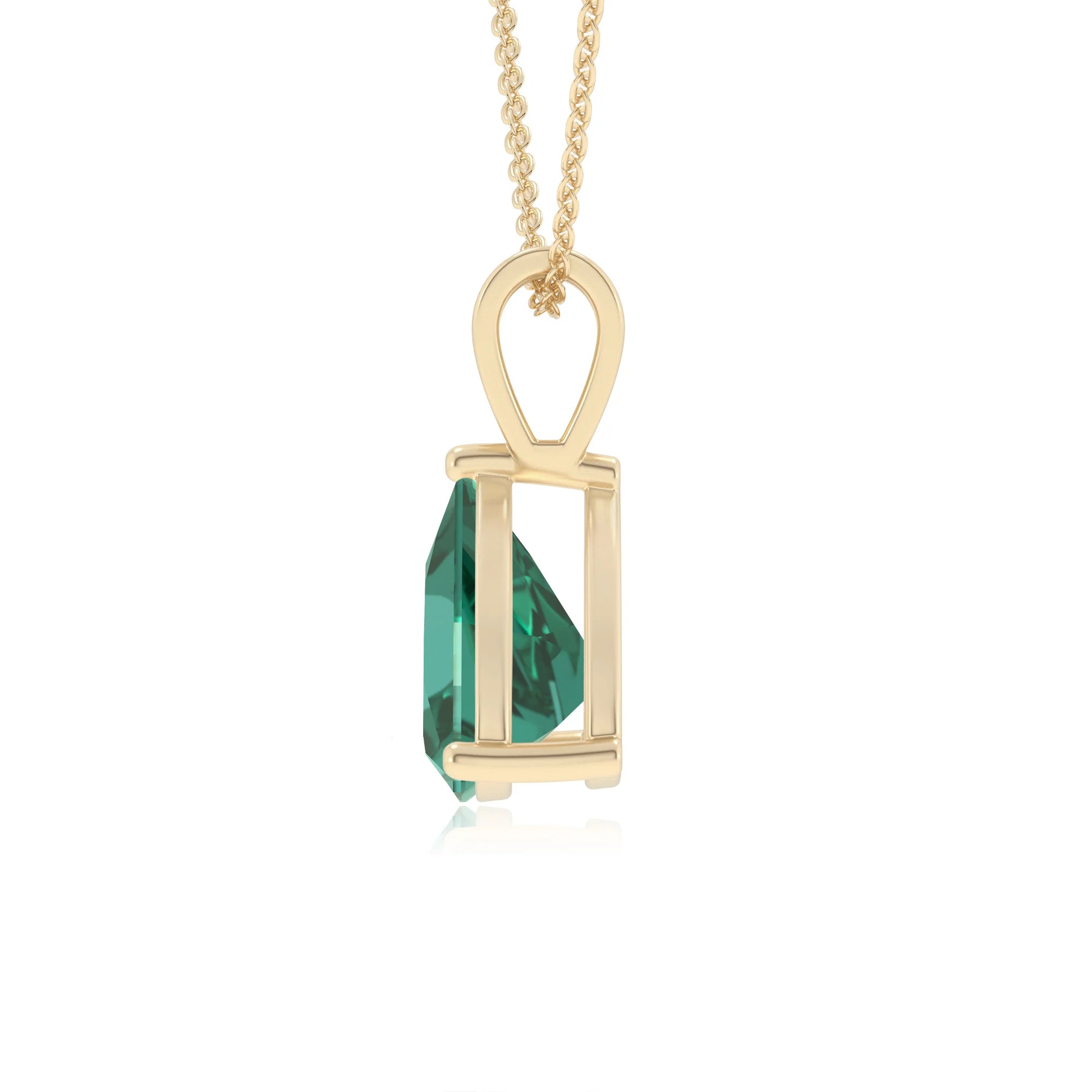 lab grown emerald trillion solitaire v-bale necklaces in yellow gold 