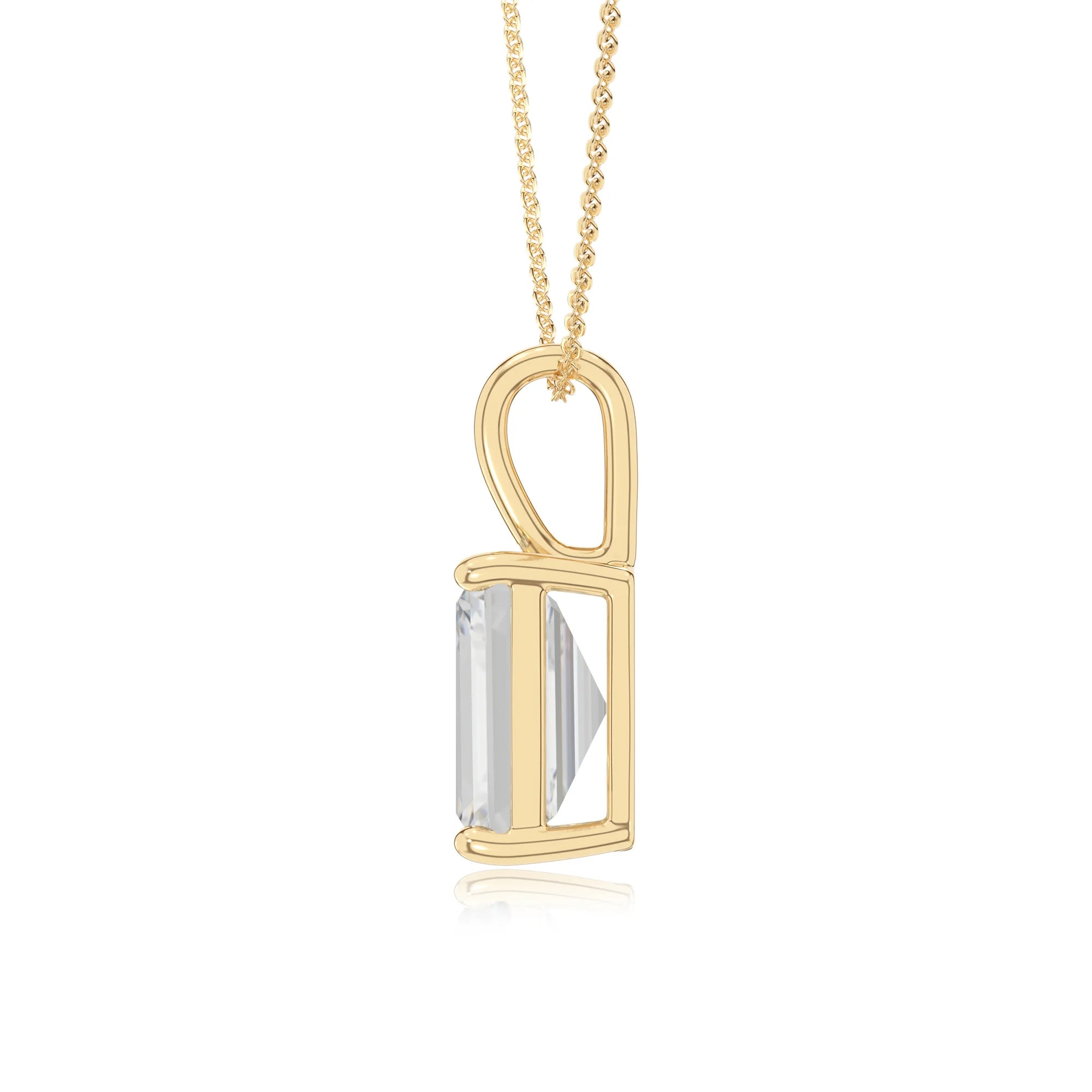 lab grown moissanite emerald cut solitaire necklaces in yellow gold 