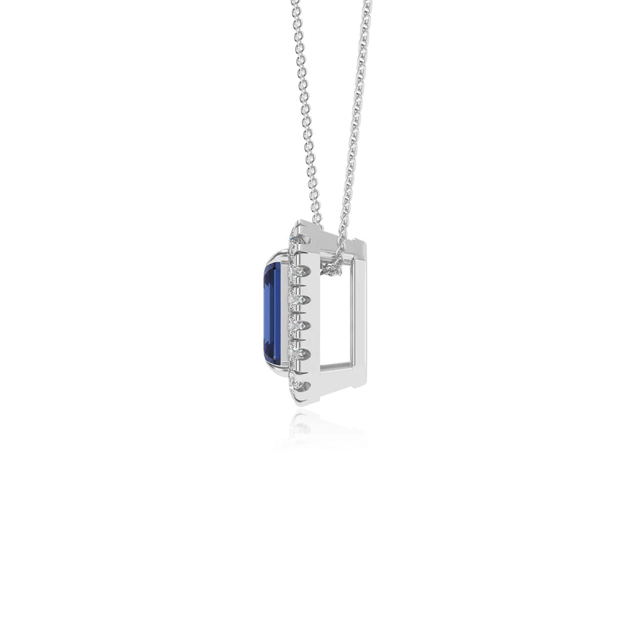 lab grown blue sapphire emerald cut solitaire necklaces in sterling silver 