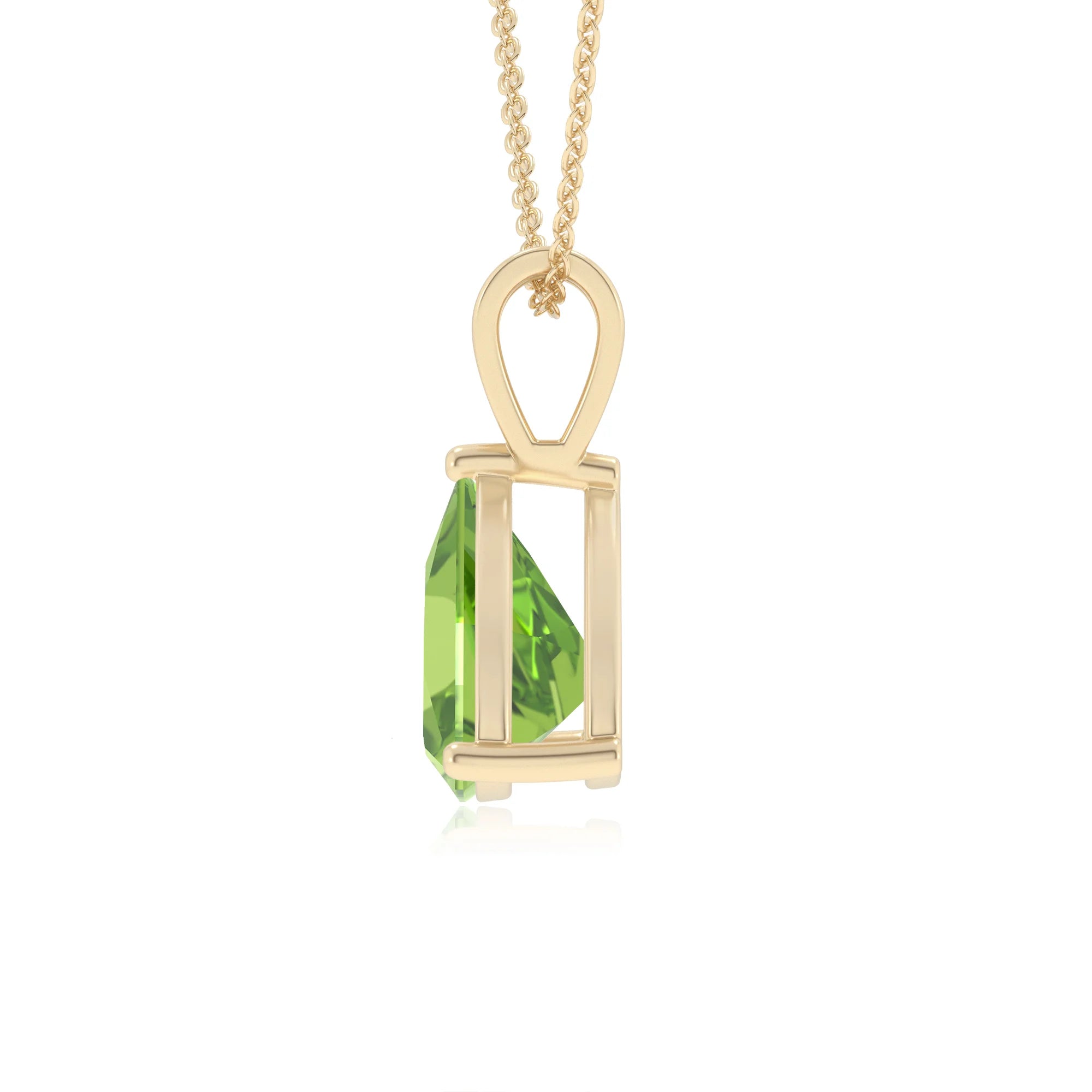 natural peridot trillion solitaire v-bale necklaces in yellow gold 