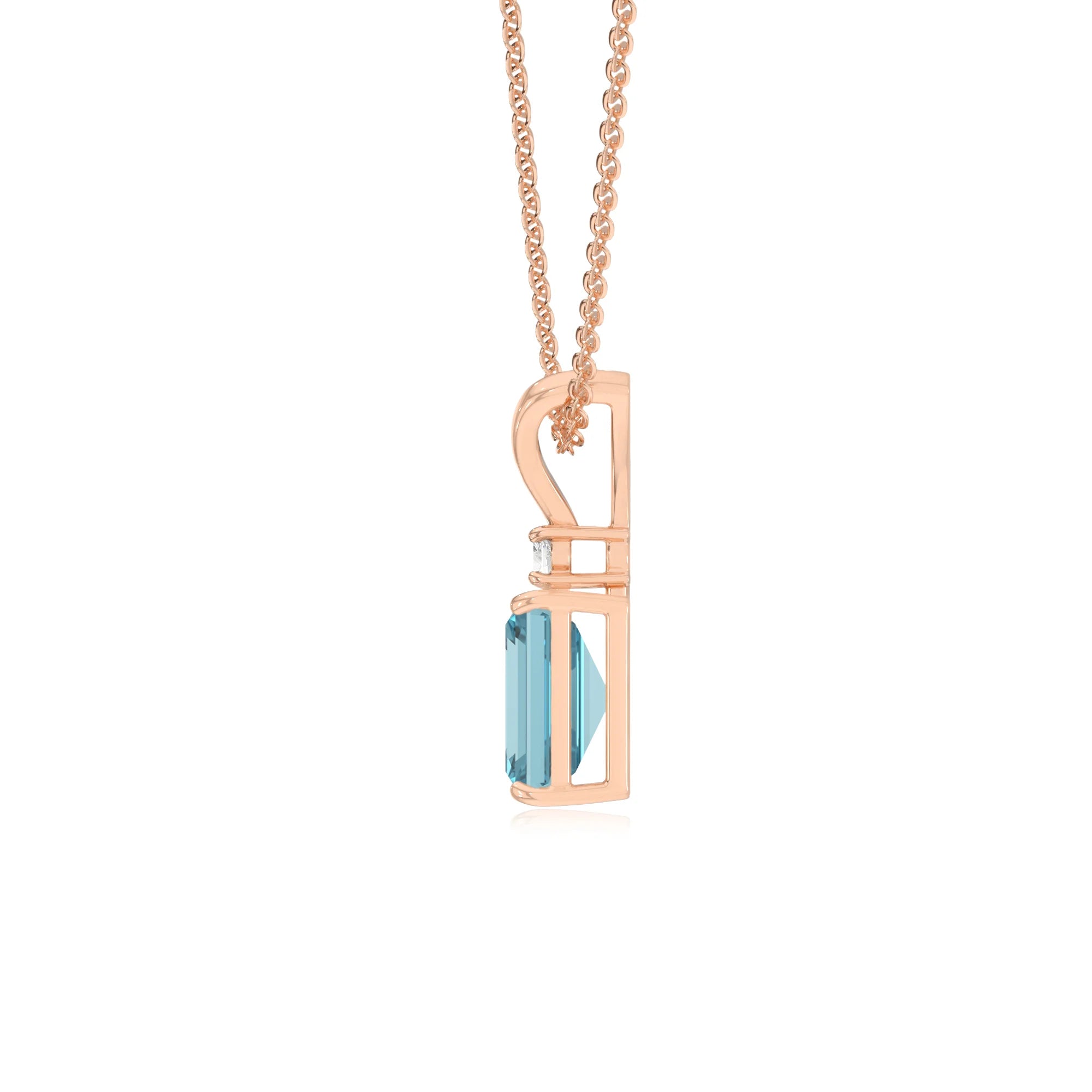 lab grown aquamarine emerald cut solitaire v-bale necklaces in rose gold 