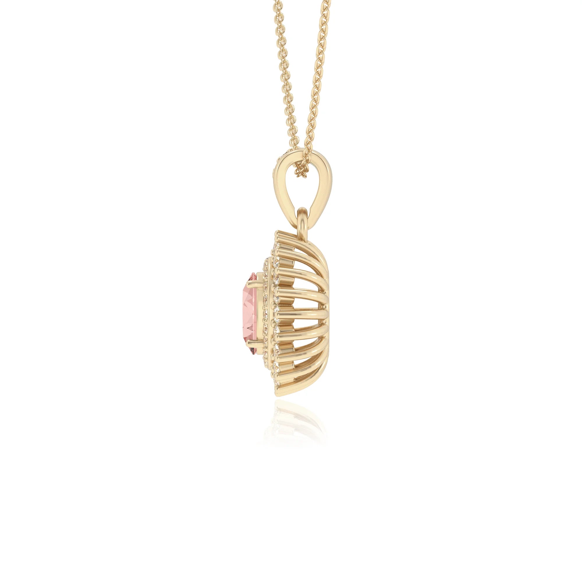 lab grown morganite oval halo necklaces in yellow gold 