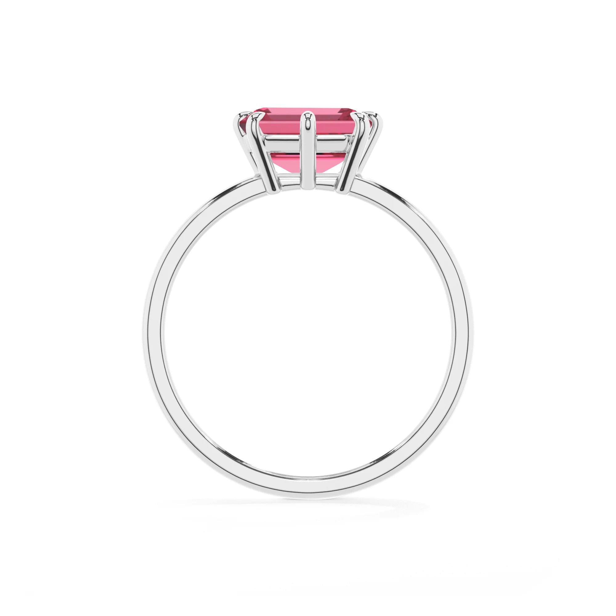 lab grown pink-tourmaline emerald cut solitaire rings in platinum 