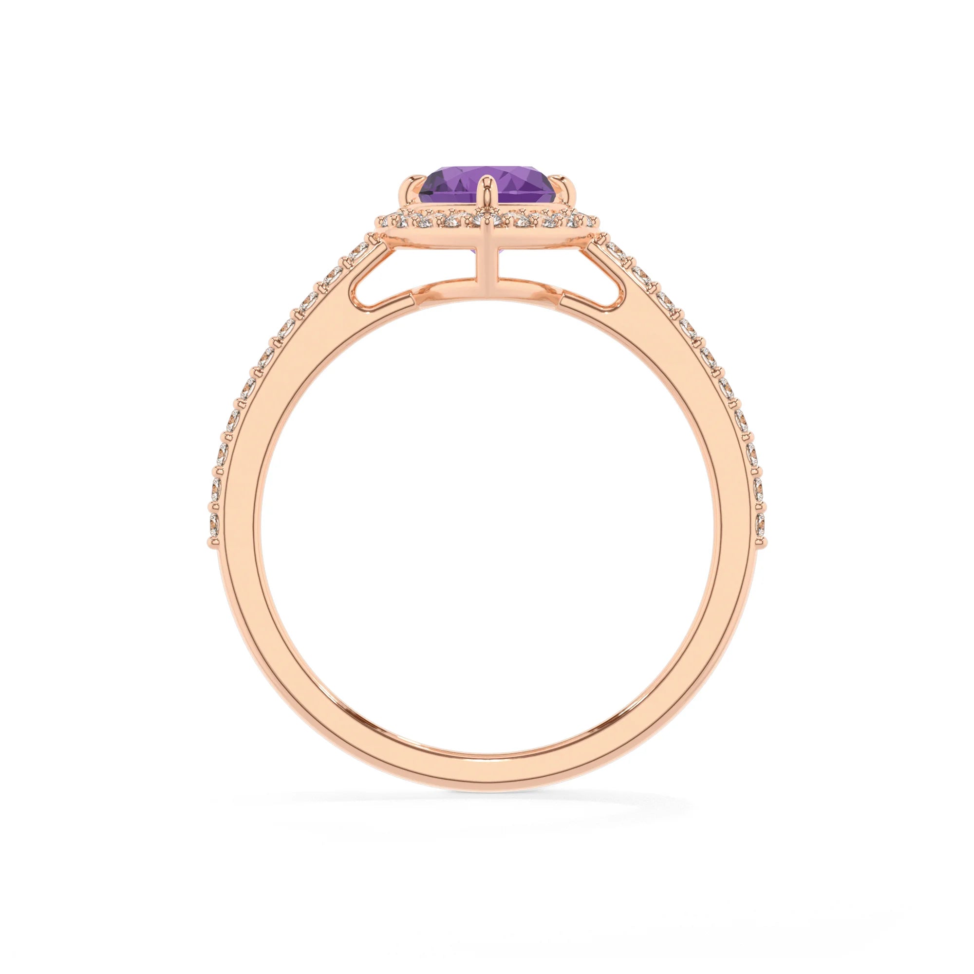 lab grown amethyst heart solitaire rings in rose gold 
