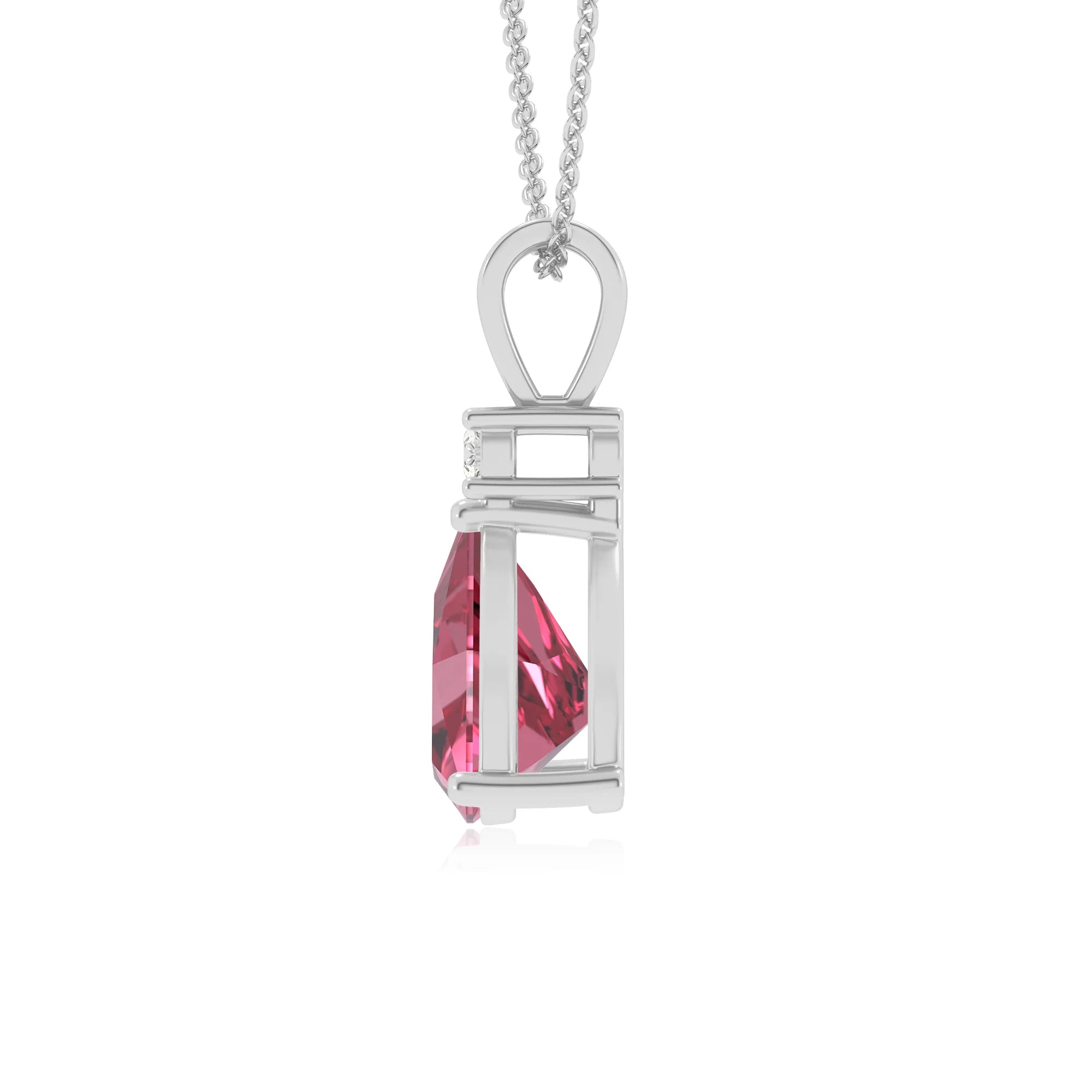 lab grown pink-tourmaline trillion solitaire v-bale necklaces in platinum 