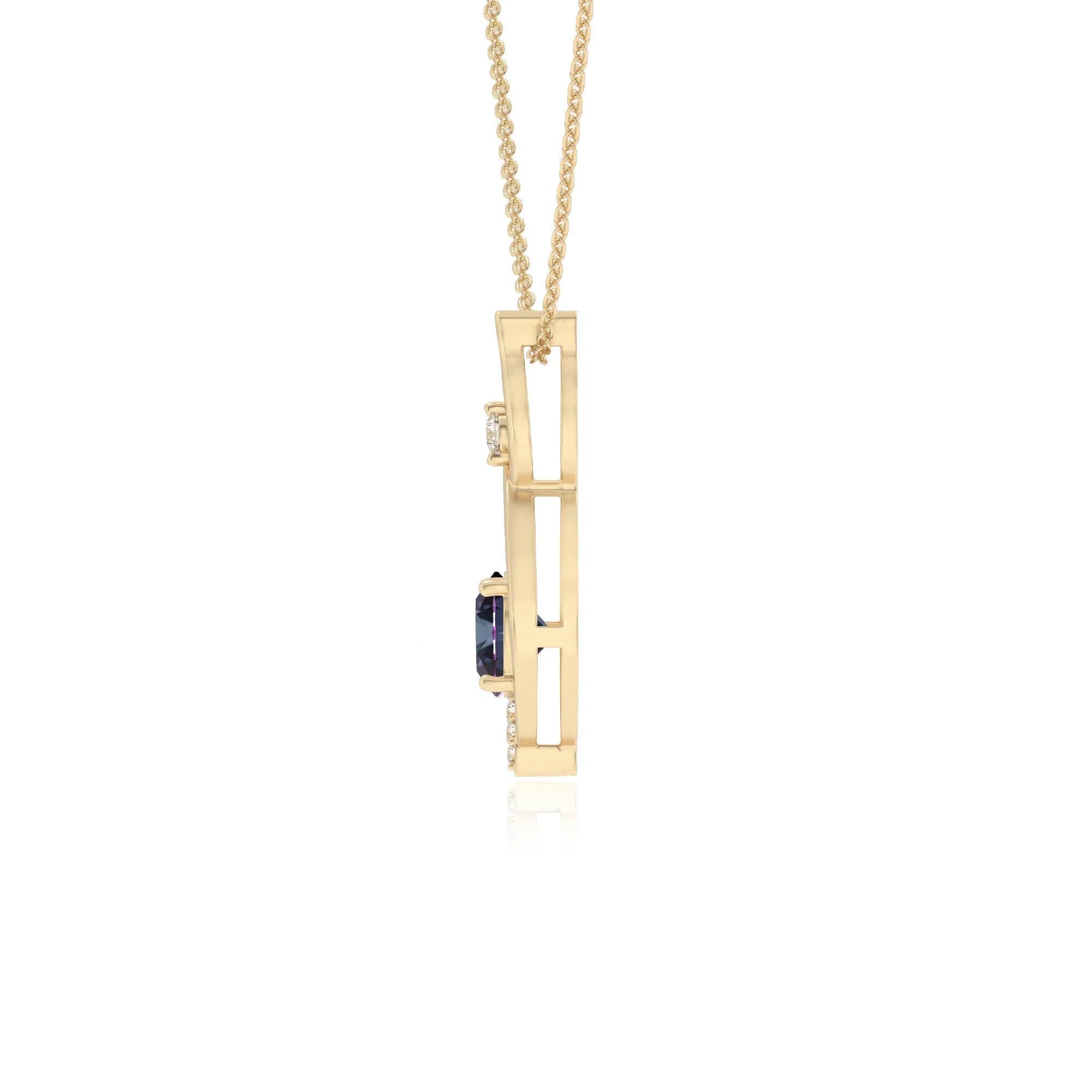 lab grown alexandrite round solitaire necklaces in yellow gold 