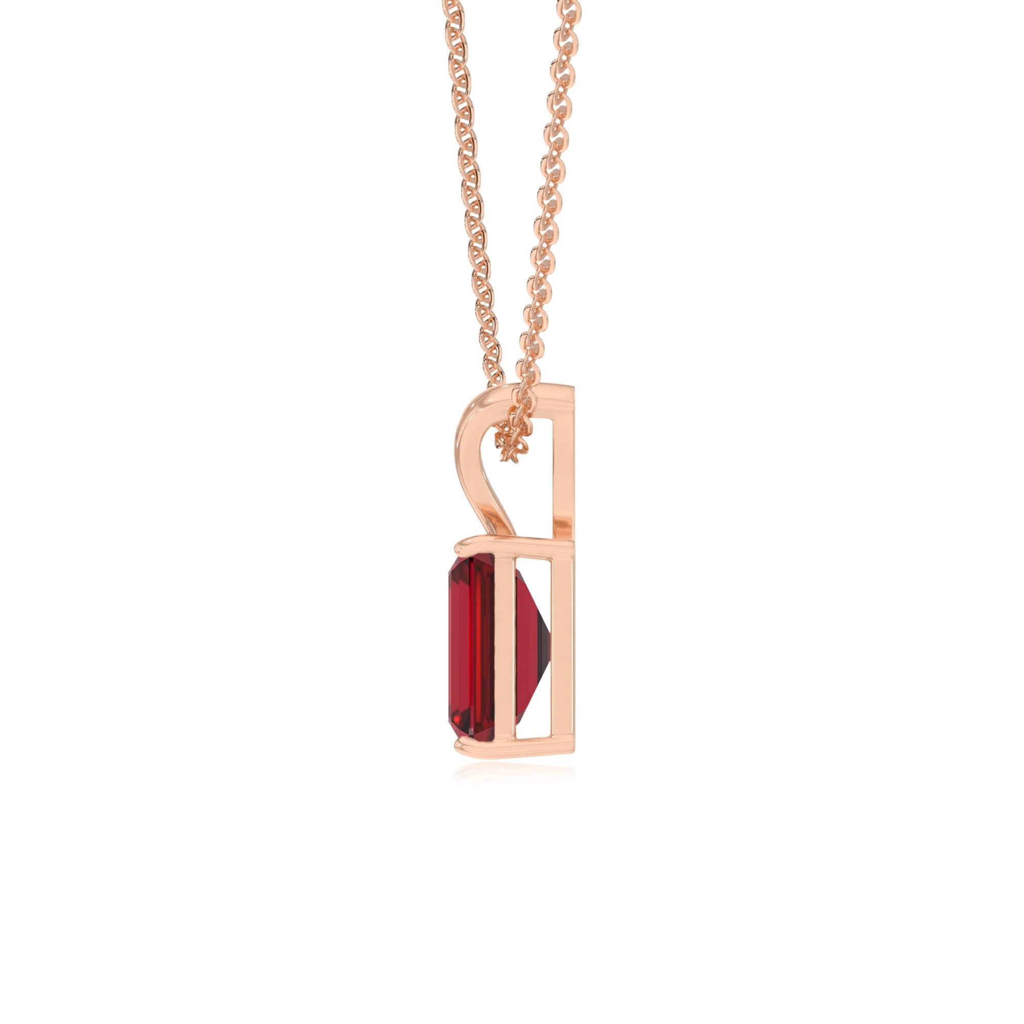 lab grown ruby emerald cut solitaire v-bale necklaces in rose gold 