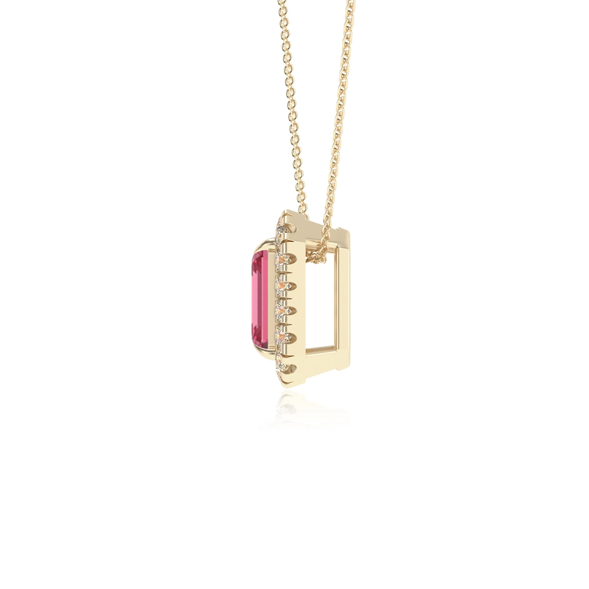 lab grown pink tourmaline emerald cut solitaire necklaces in yellow gold 