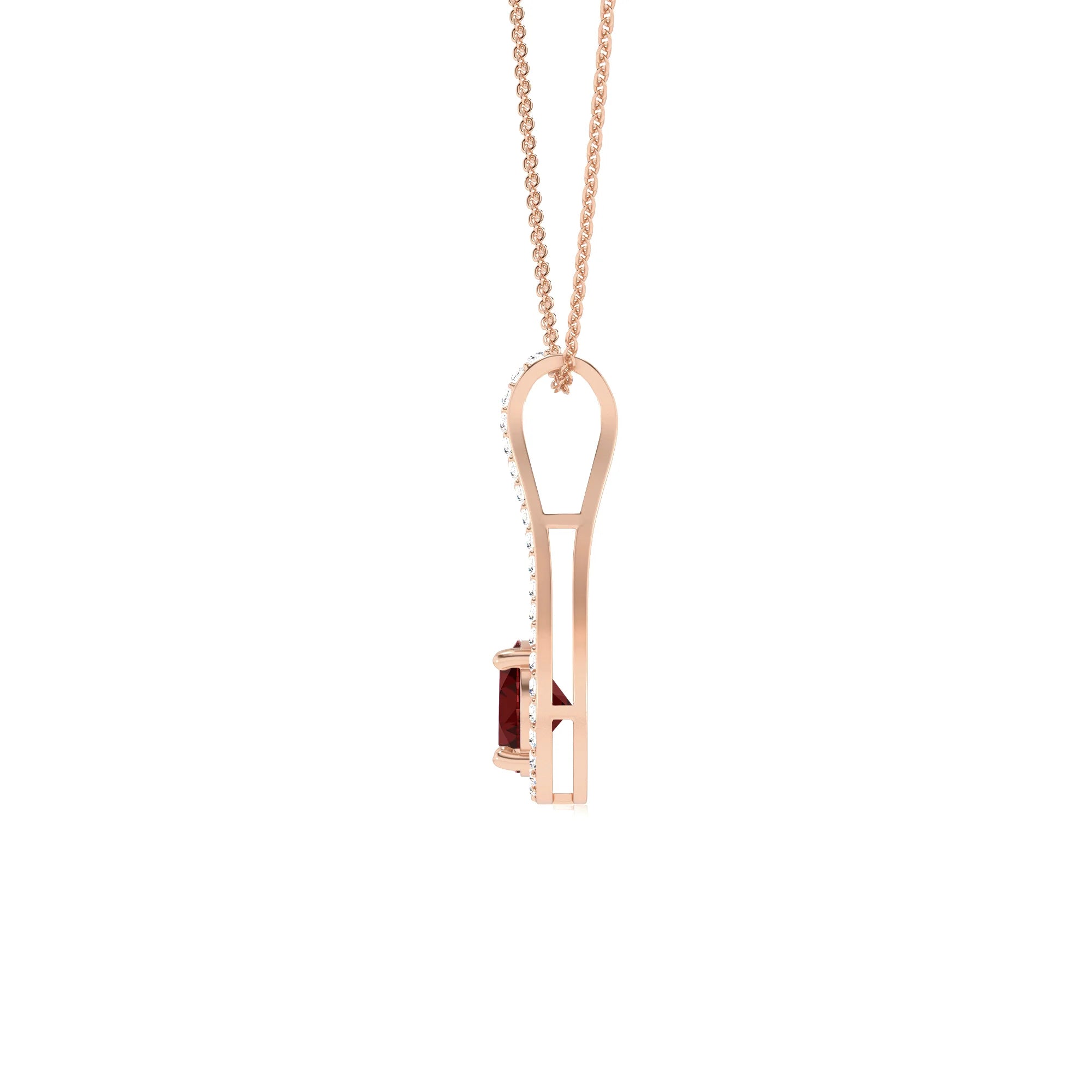 natural garnet round solitaire v-bale necklaces in rose gold 