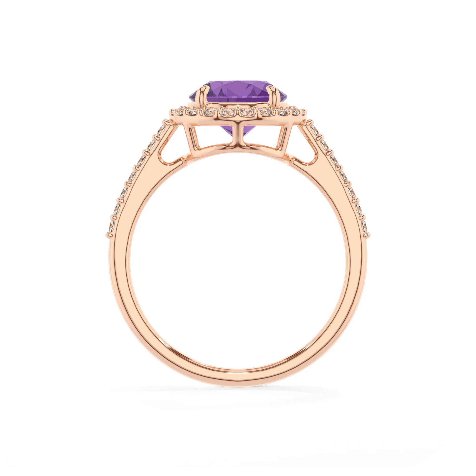 lab grown amethyst round solitaire rings in rose gold 