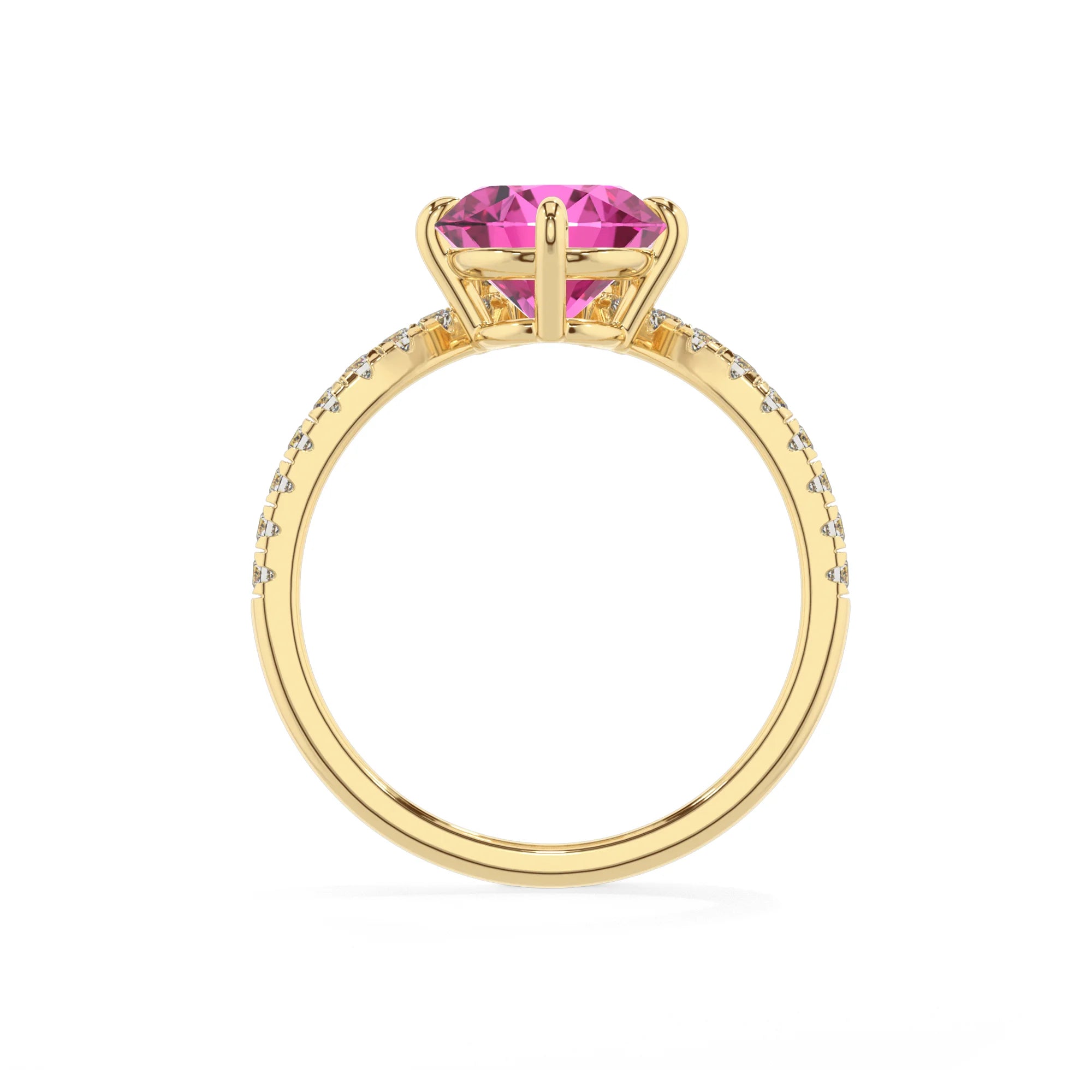 lab grown pink-sapphire round solitaire rings in yellow gold 