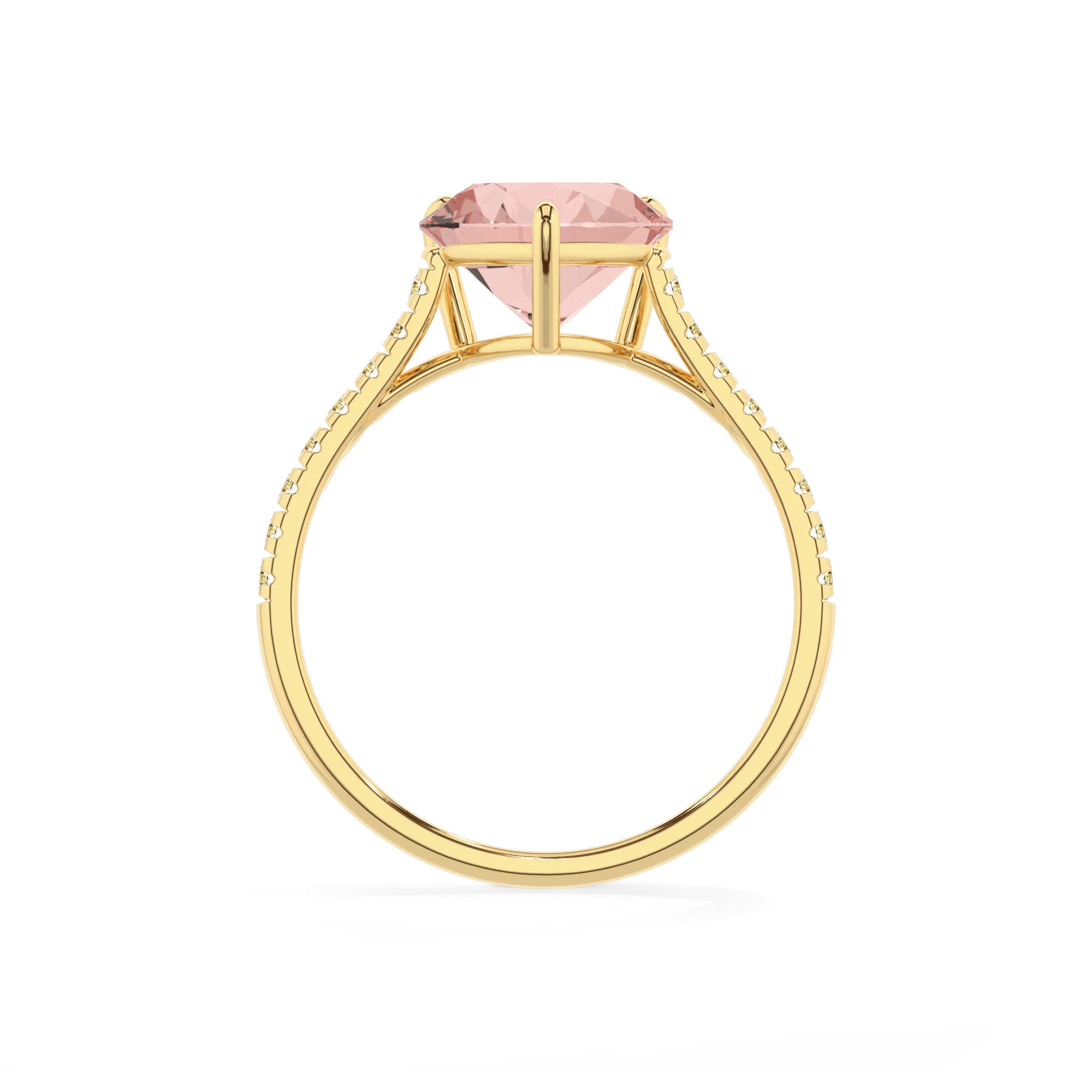 lab grown morganite heart half eternity solitaire engagement rings in yellow gold 