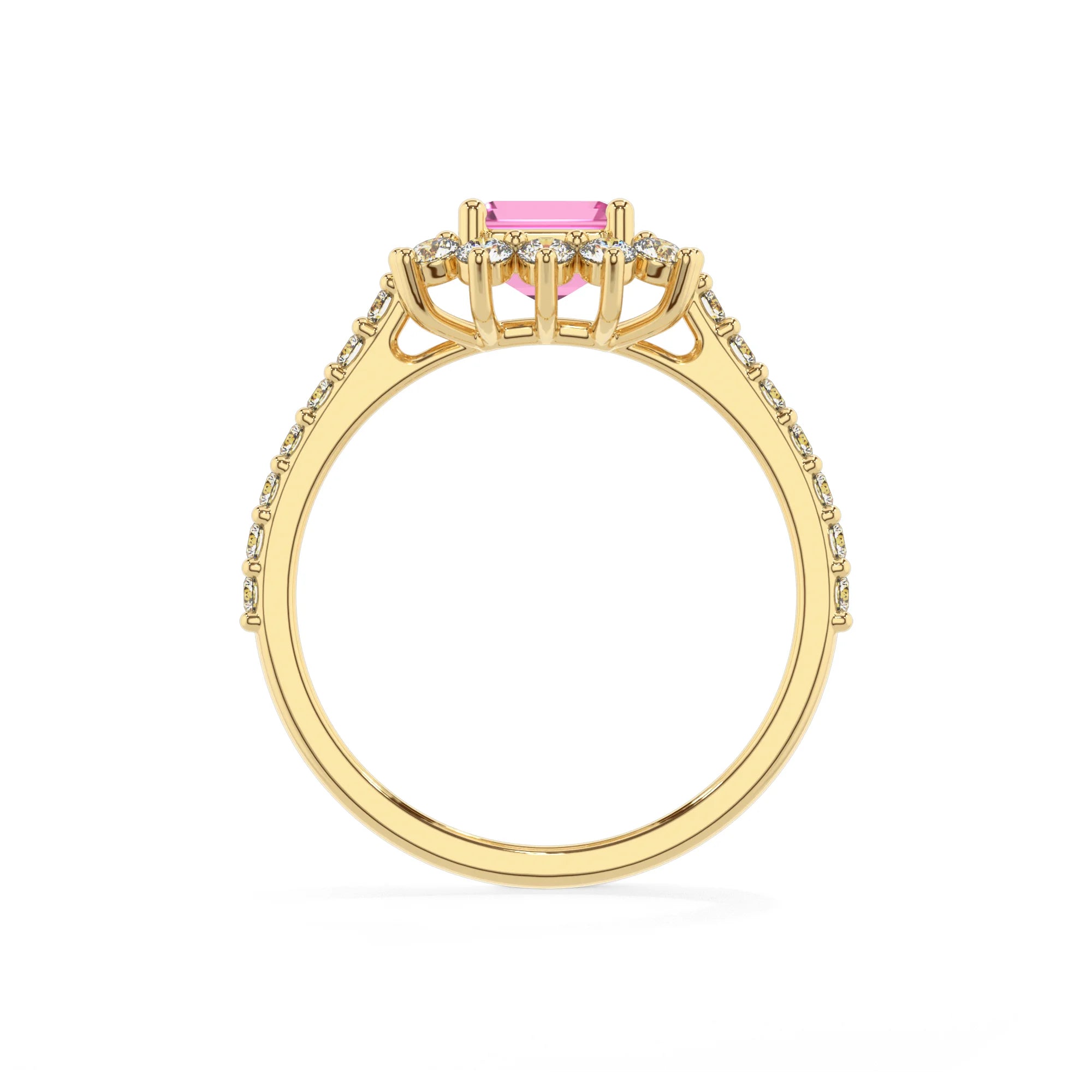 lab grown pink-sapphire emerald cut solitaire rings in yellow gold 