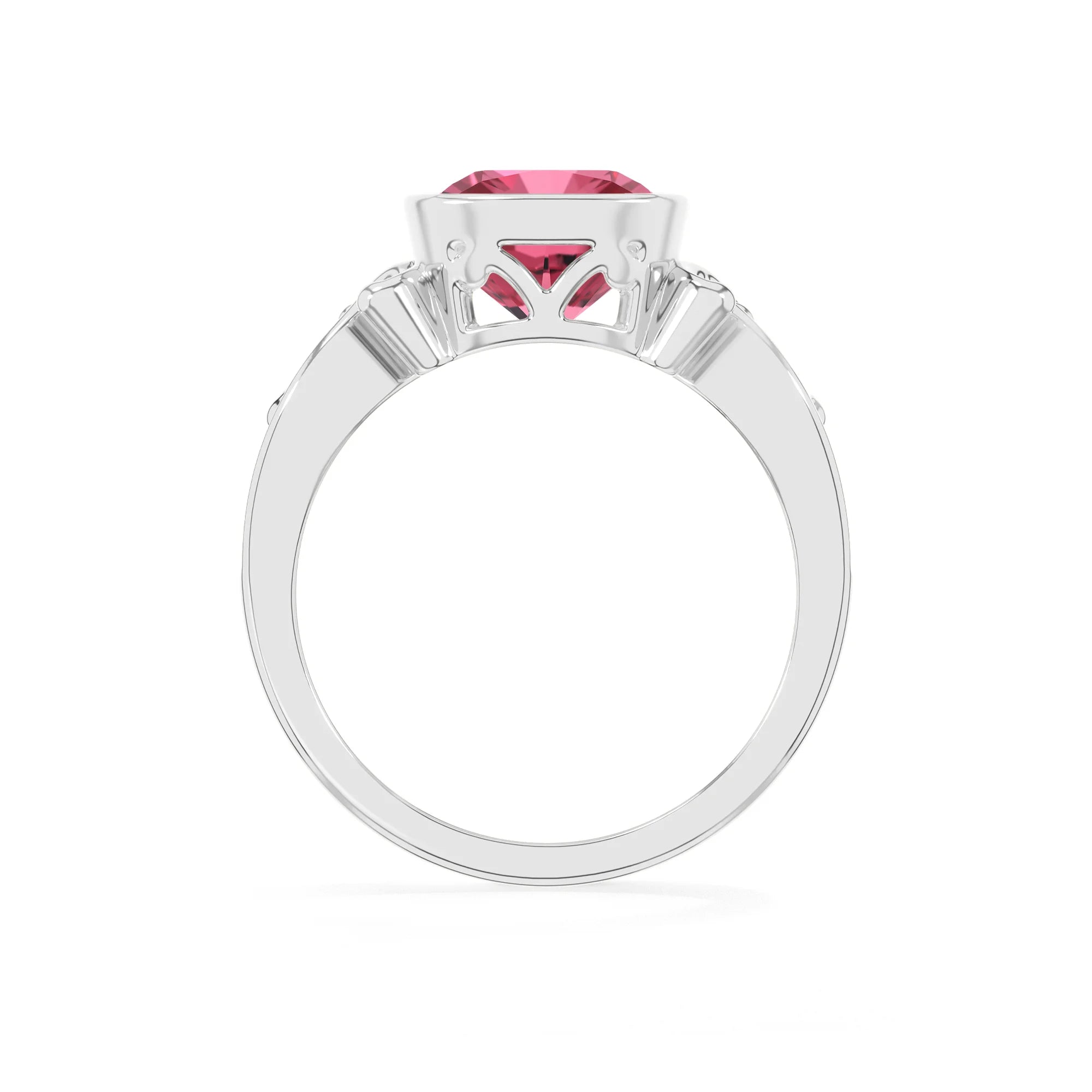 lab grown pink-tourmaline cushion solitaire rings in platinum 
