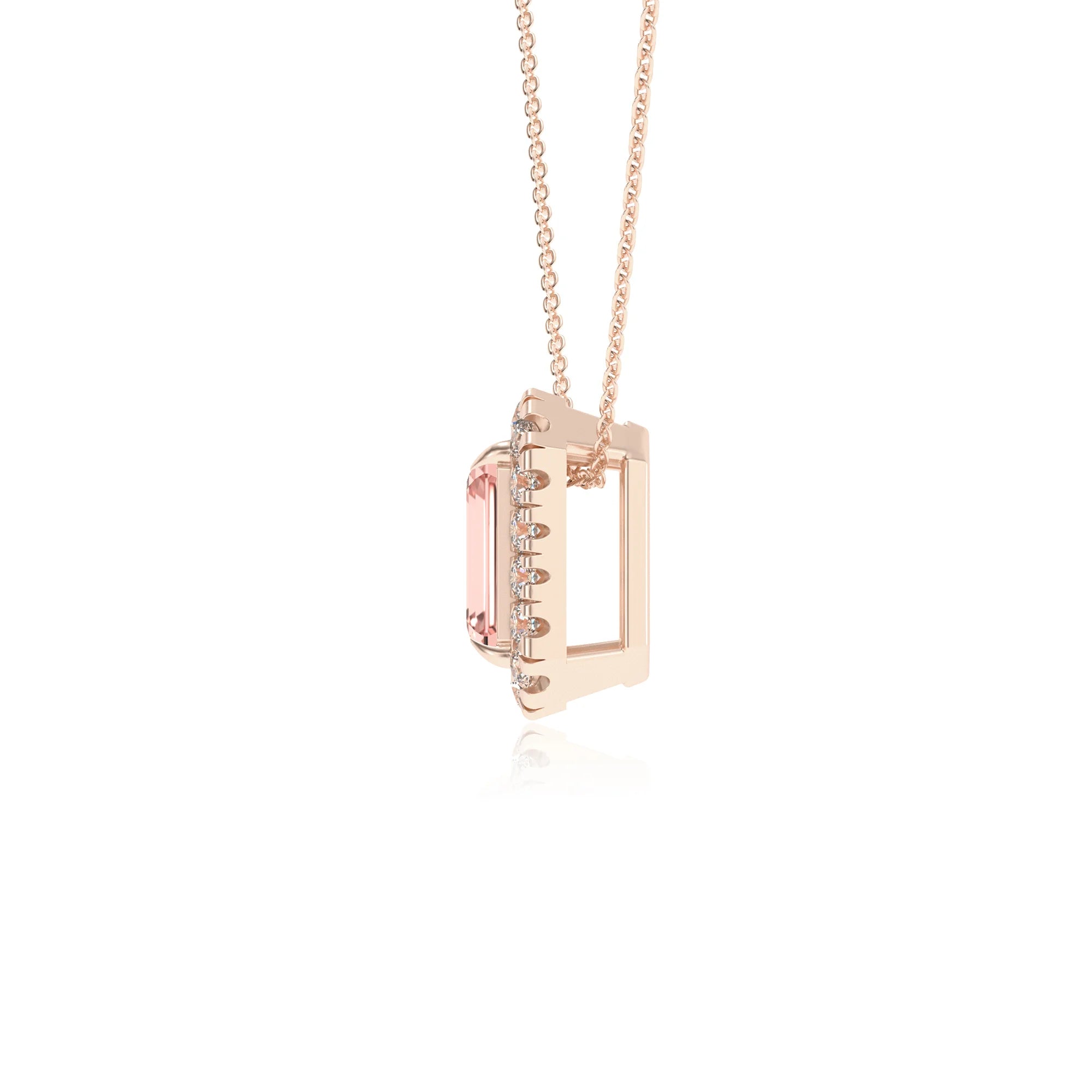 lab grown morganite emerald cut solitaire necklaces in rose gold 