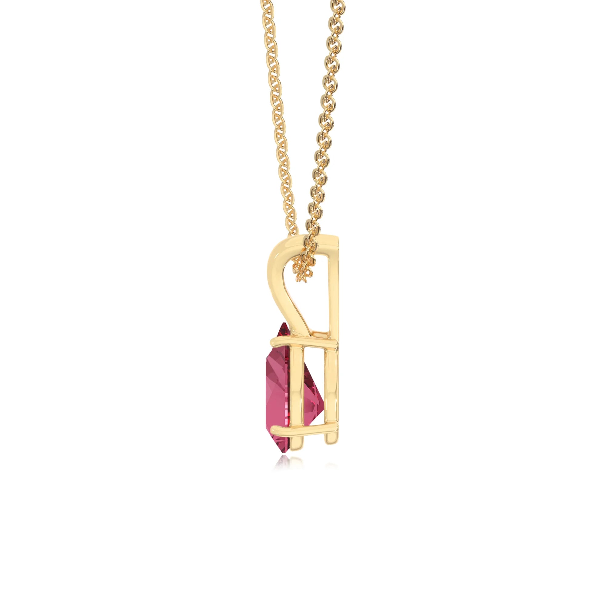 lab grown pink-tourmaline pear solitaire v-bale necklaces in yellow gold 