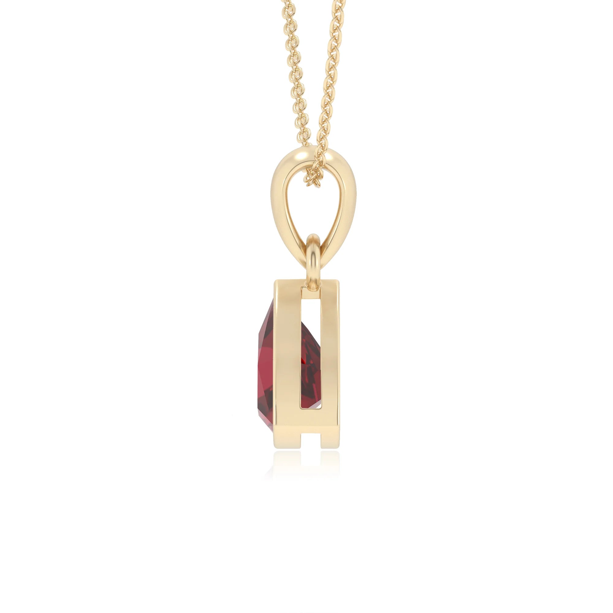 lab grown ruby trillion solitaire necklaces in yellow gold 