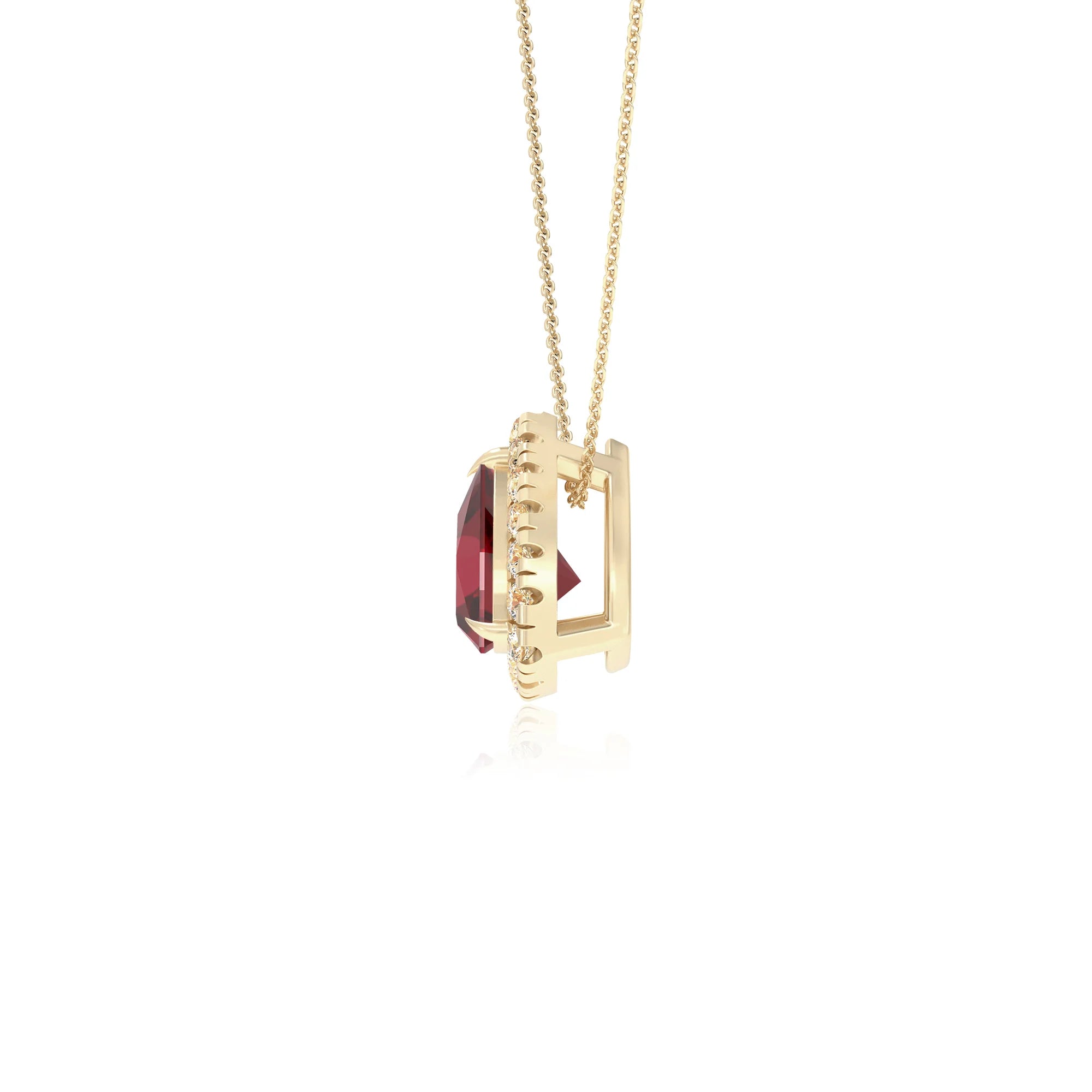 lab grown ruby trillion solitaire necklaces in yellow gold 