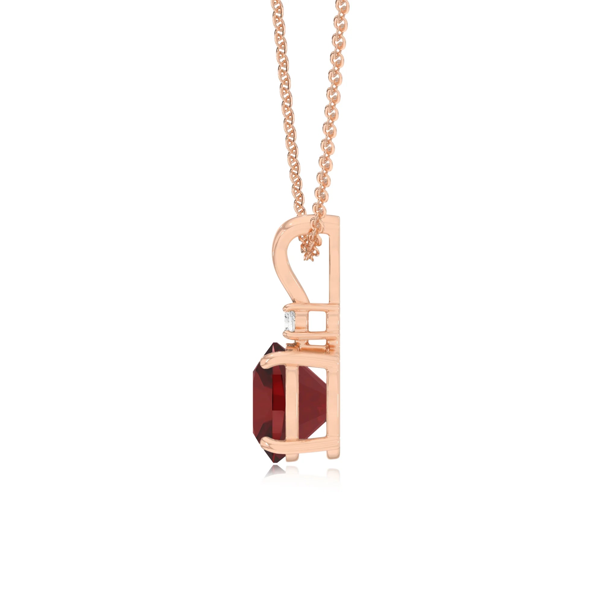 natural garnet cushion solitaire v-bale necklaces in rose gold 